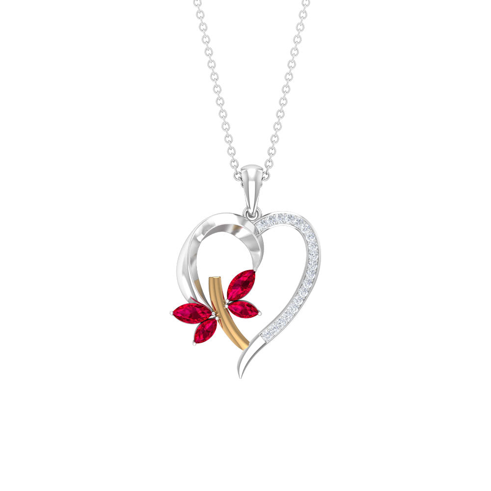 Lab Created Ruby and Diamond Butterfly Heart Necklace AAAA - Rosec Jewels