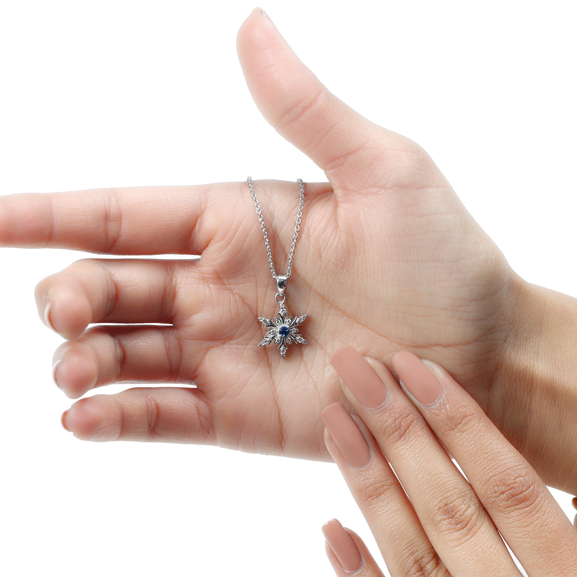 Contemporary Blue Sapphire and Diamond Snowflake Pendant Necklace AAA - Rosec Jewels