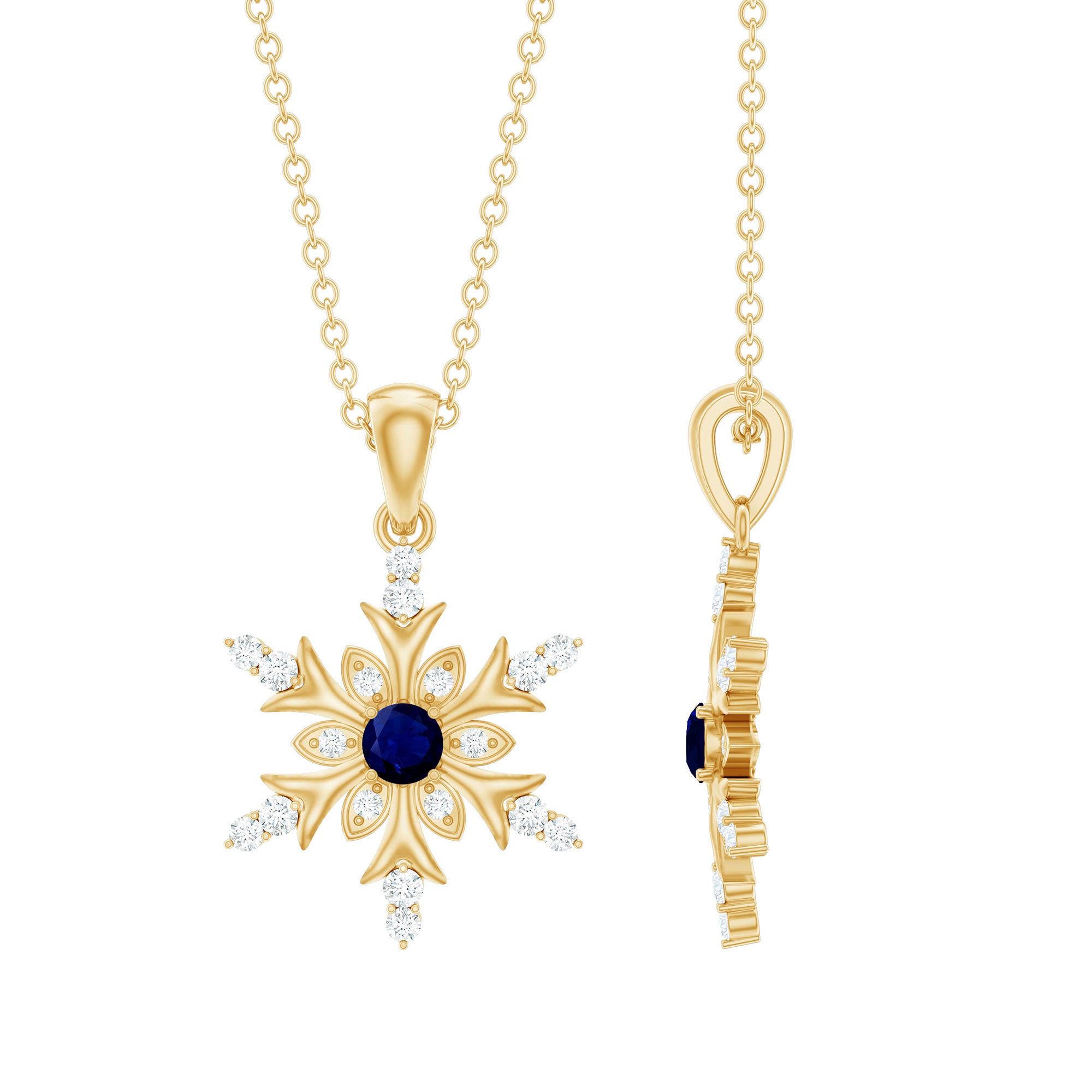 Contemporary Blue Sapphire and Diamond Snowflake Pendant Necklace AAA - Rosec Jewels