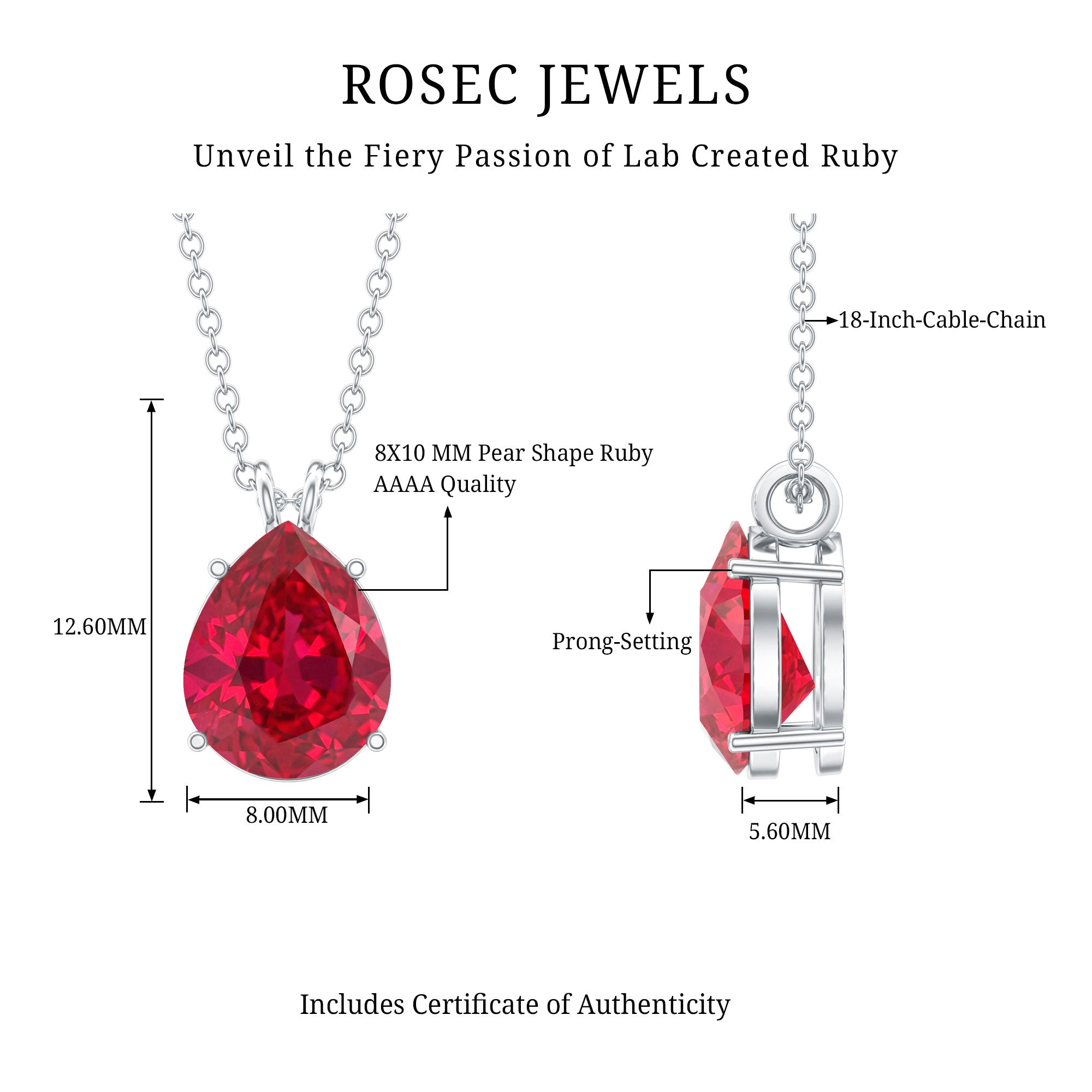 3 CT Pear Cut Lab Grown Ruby Solitaire Pendant Necklace AAAA - Rosec Jewels