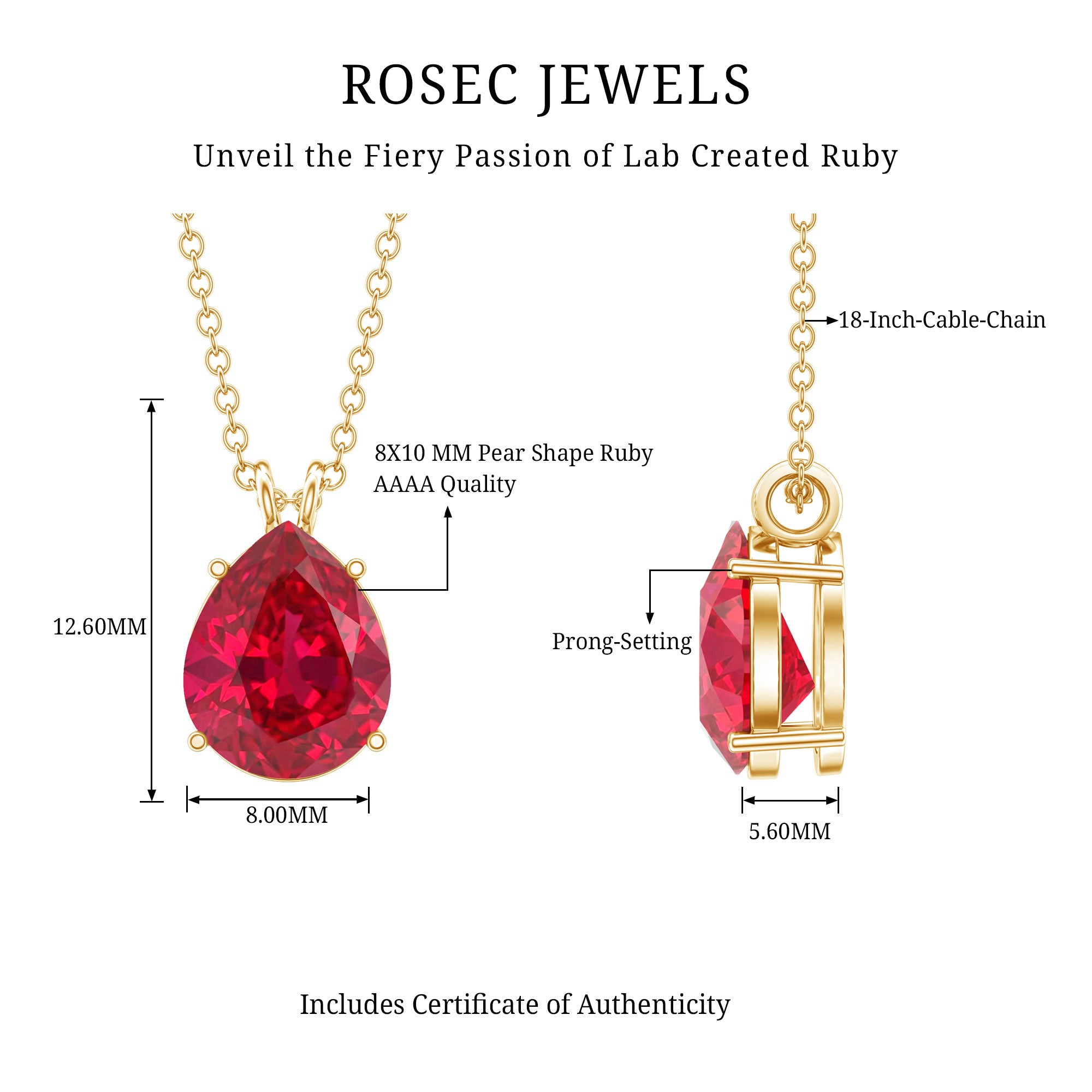 3 CT Pear Cut Lab Grown Ruby Solitaire Pendant Necklace AAAA - Rosec Jewels