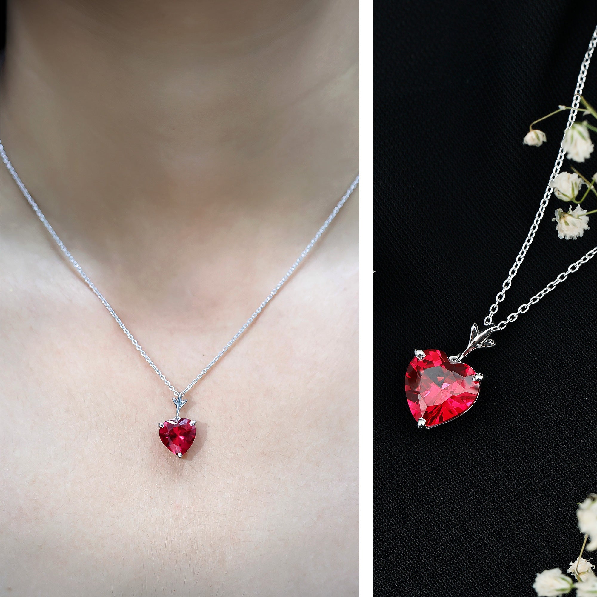 10 MM Lab Grown Ruby Solitaire Heart Necklace AAAA - Rosec Jewels