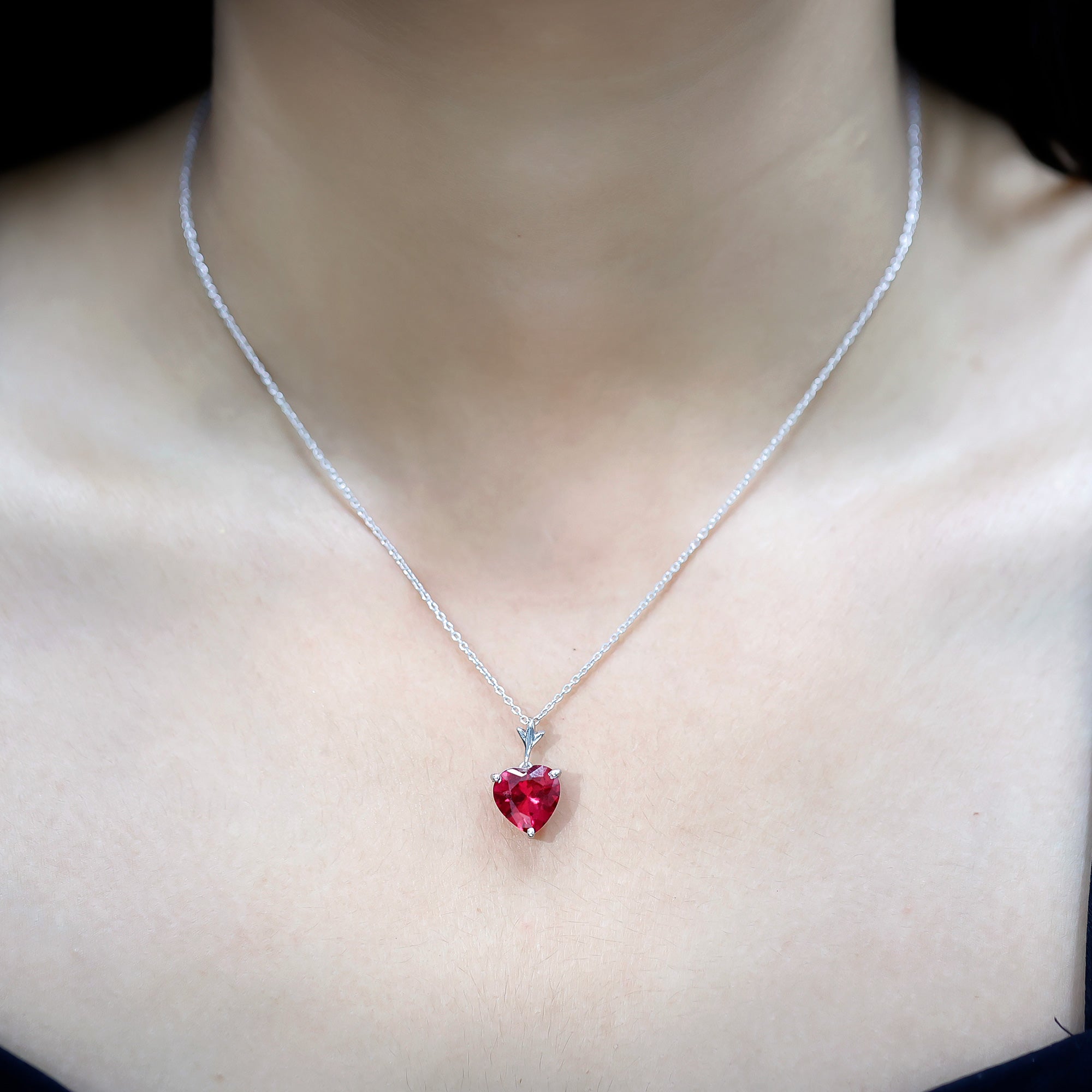 10 MM Lab Grown Ruby Solitaire Heart Necklace AAAA - Rosec Jewels