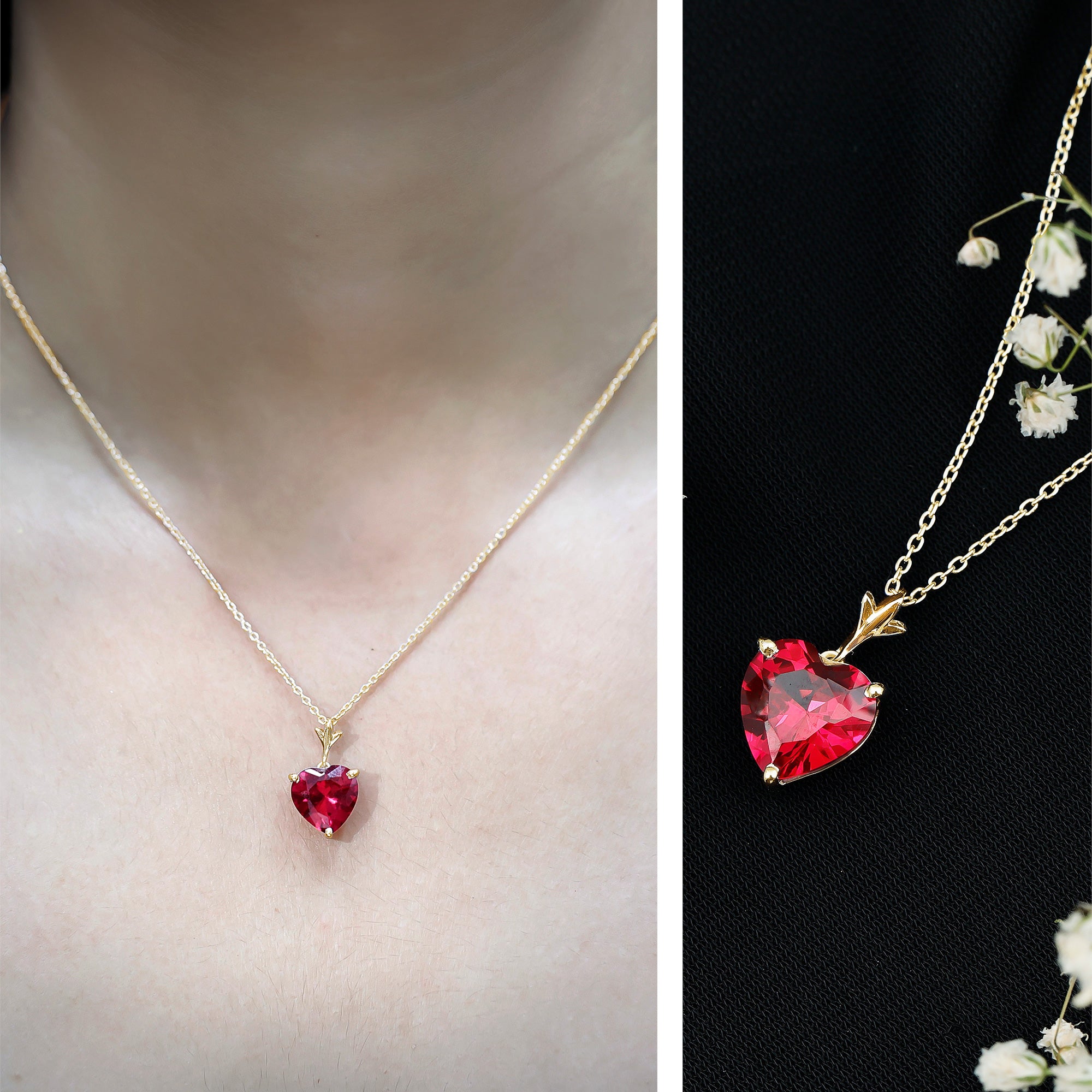 10 MM Lab Grown Ruby Solitaire Heart Necklace AAAA - Rosec Jewels