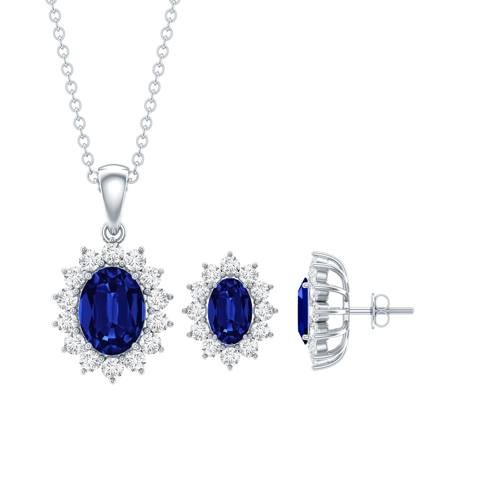Oval Shaped Lab Created Blue Sapphire Necklace and Earrings Set with Moissanite Halo AAAA - Rosec Jewels