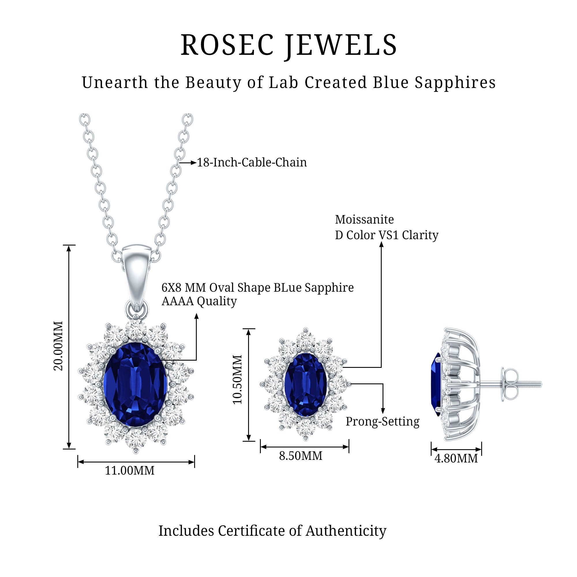 Oval Shaped Lab Created Blue Sapphire Necklace and Earrings Set with Moissanite Halo AAAA - Rosec Jewels