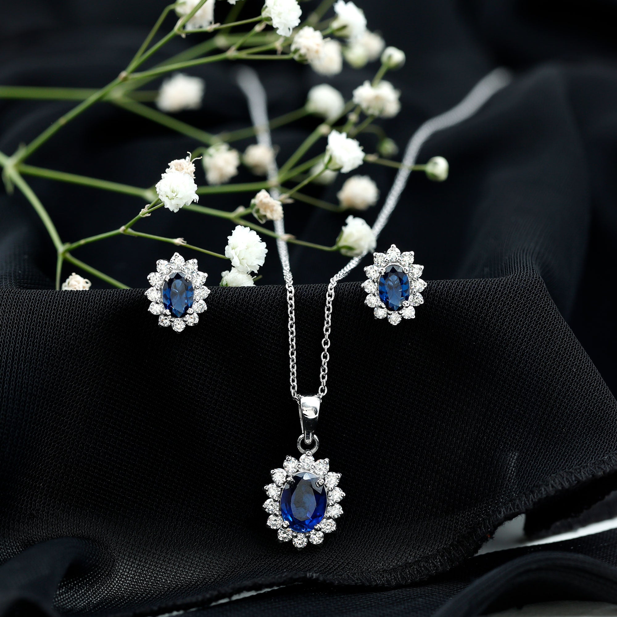 Oval Shaped Lab Created Blue Sapphire Necklace and Earrings Set with Moissanite Halo AAAA - Rosec Jewels