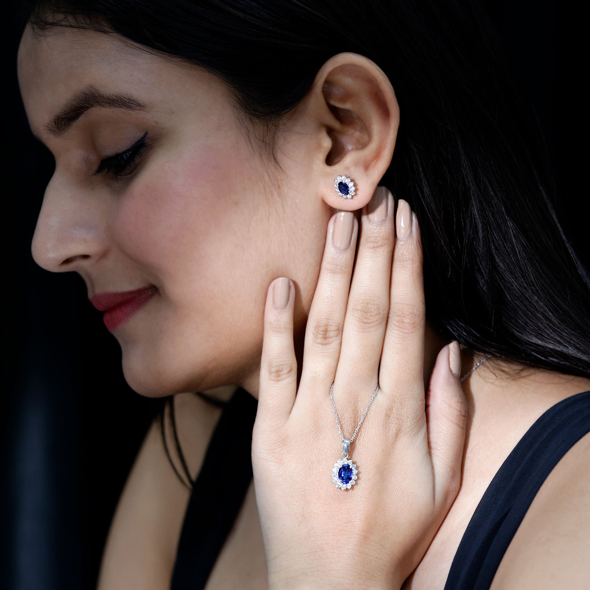 Oval Shaped Lab Created Blue Sapphire Necklace and Earrings Set with Moissanite Halo AAAA - Rosec Jewels