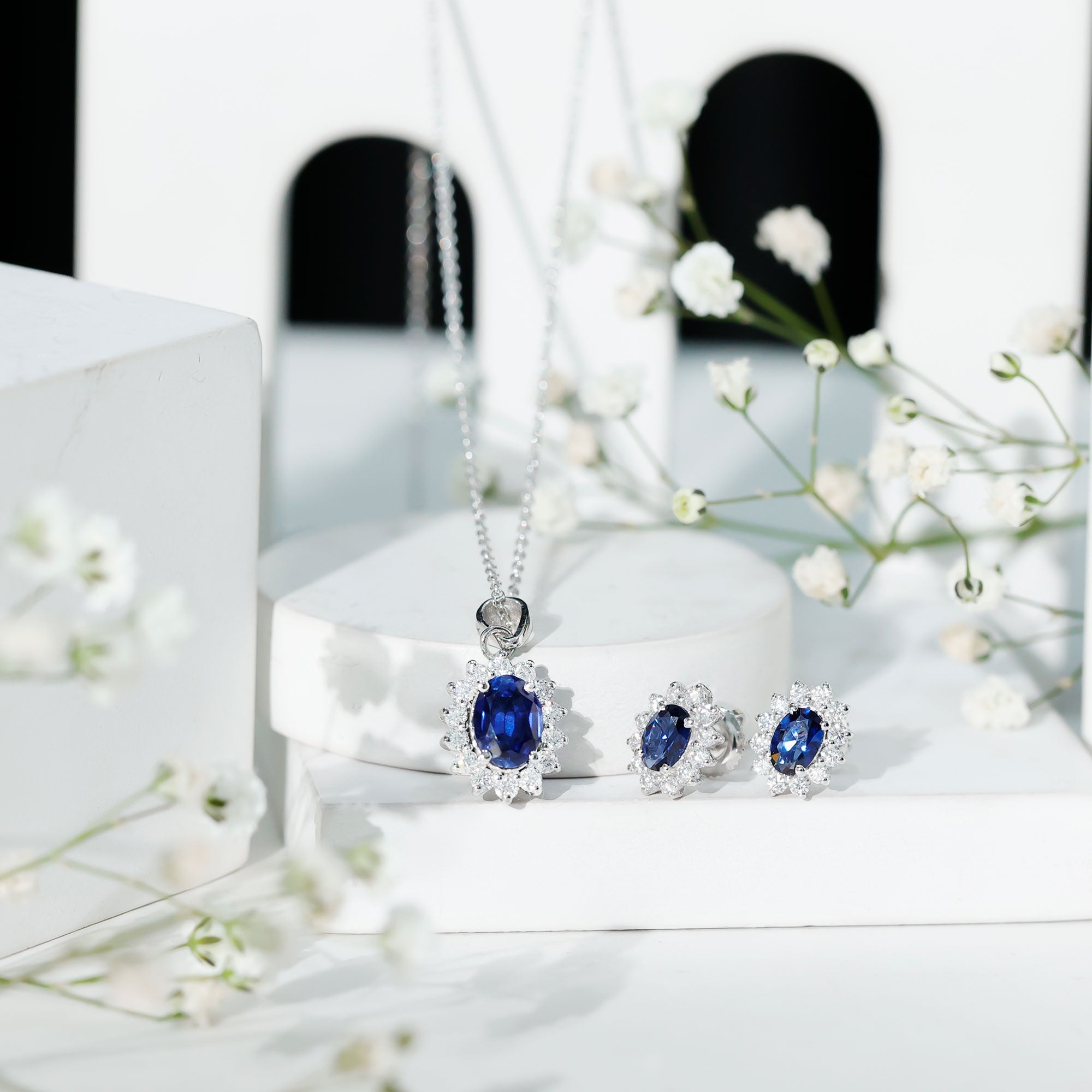 Oval Shaped Lab Created Blue Sapphire Necklace and Earrings Set with Moissanite Halo AAAA - Rosec Jewels