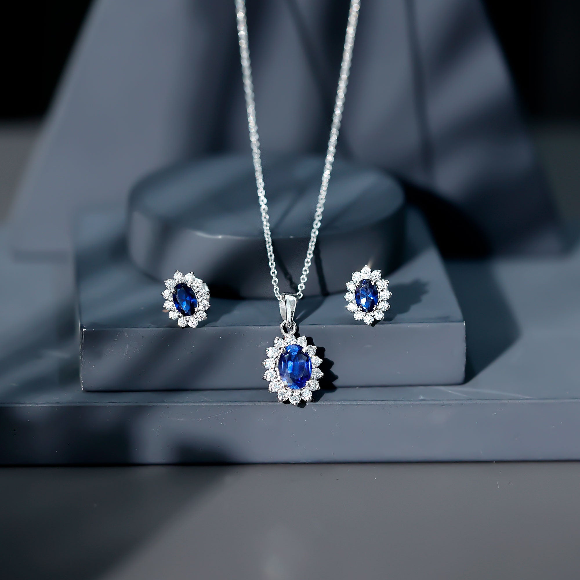Oval Shaped Lab Created Blue Sapphire Necklace and Earrings Set with Moissanite Halo AAAA - Rosec Jewels