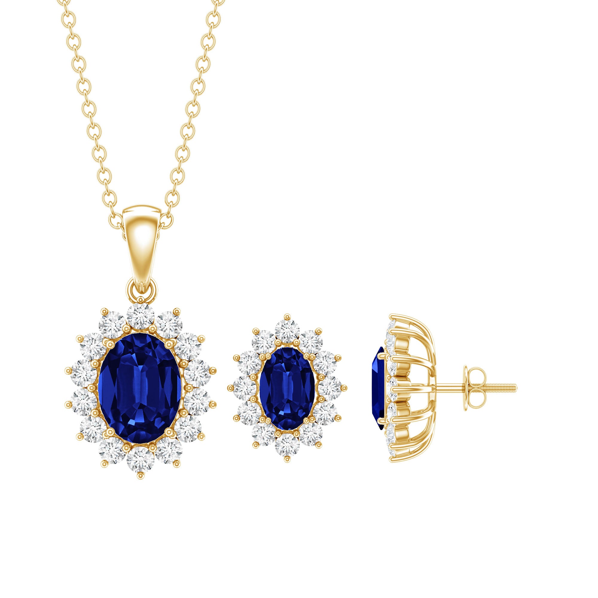 Oval Shaped Lab Created Blue Sapphire Necklace and Earrings Set with Moissanite Halo AAAA - Rosec Jewels