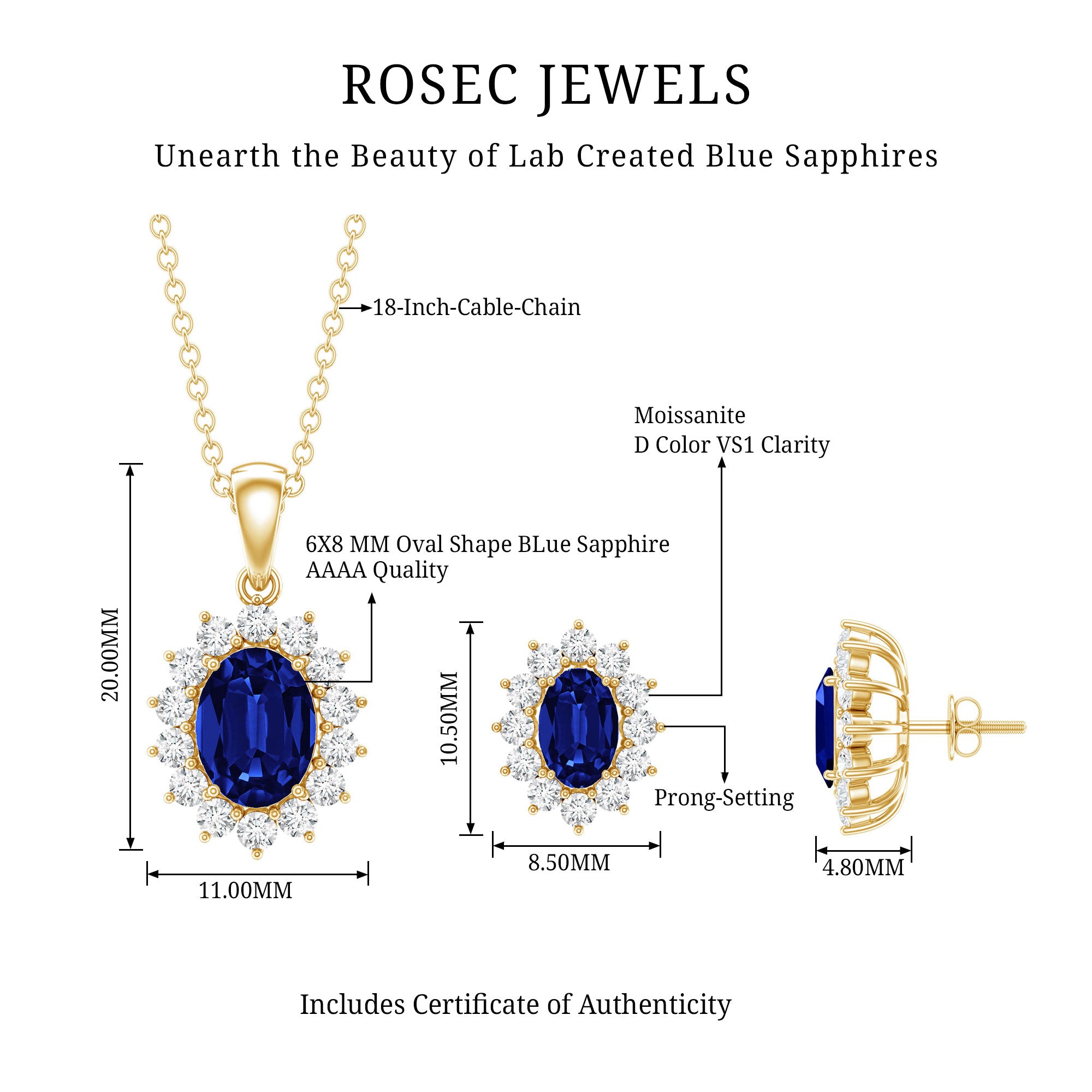 Oval Shaped Lab Created Blue Sapphire Necklace and Earrings Set with Moissanite Halo AAAA - Rosec Jewels