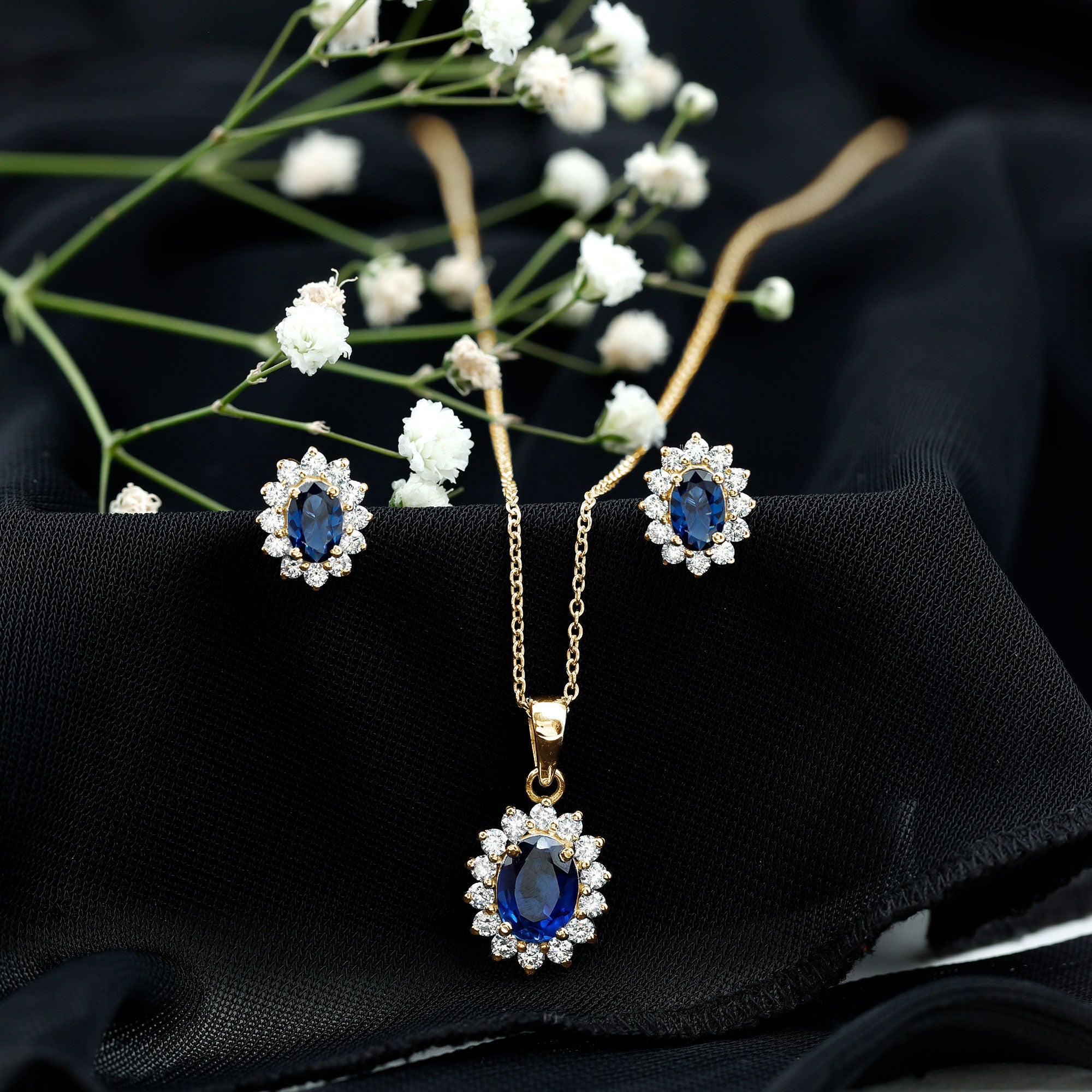 Oval Shaped Lab Created Blue Sapphire Necklace and Earrings Set with Moissanite Halo AAAA - Rosec Jewels