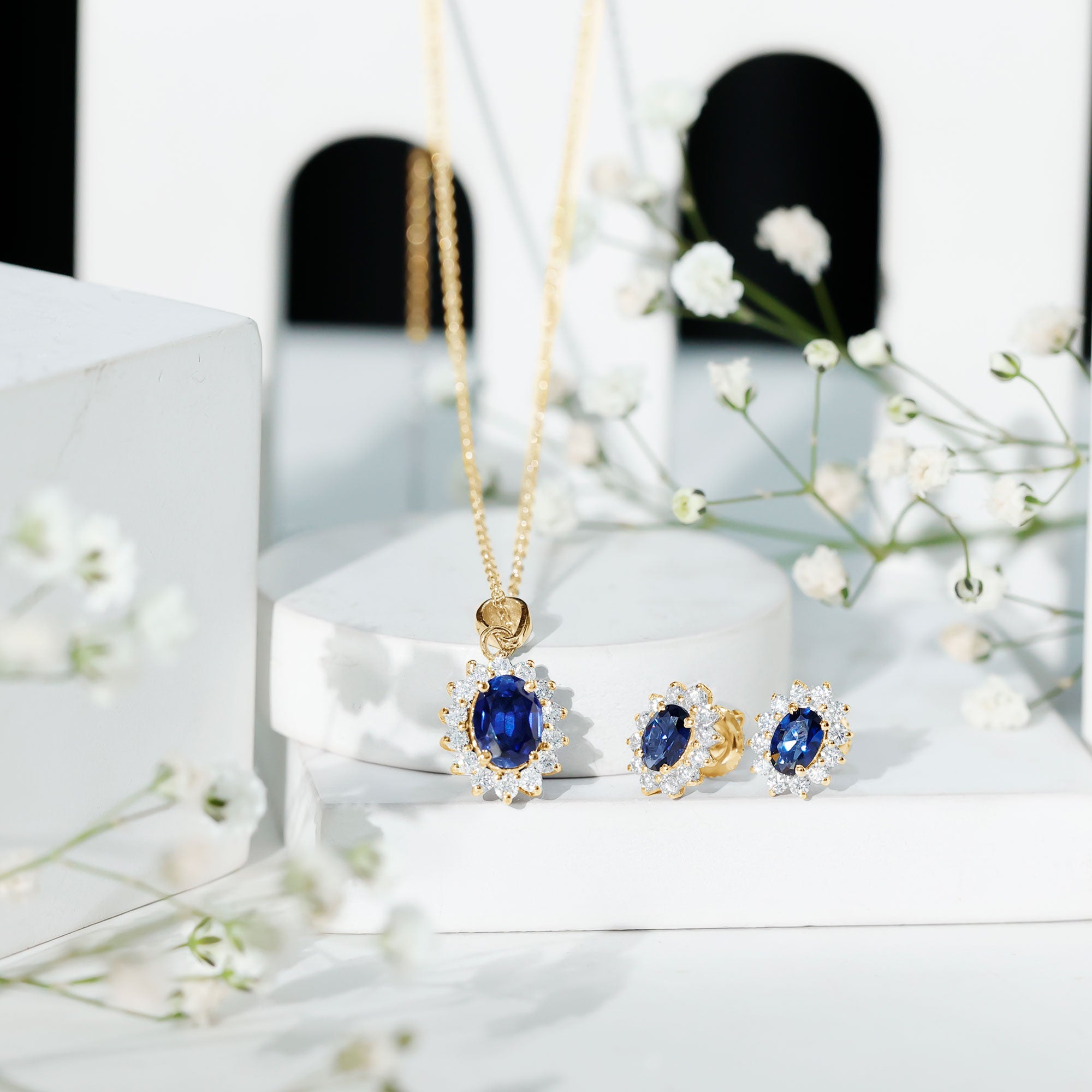 Oval Shaped Lab Created Blue Sapphire Necklace and Earrings Set with Moissanite Halo AAAA - Rosec Jewels