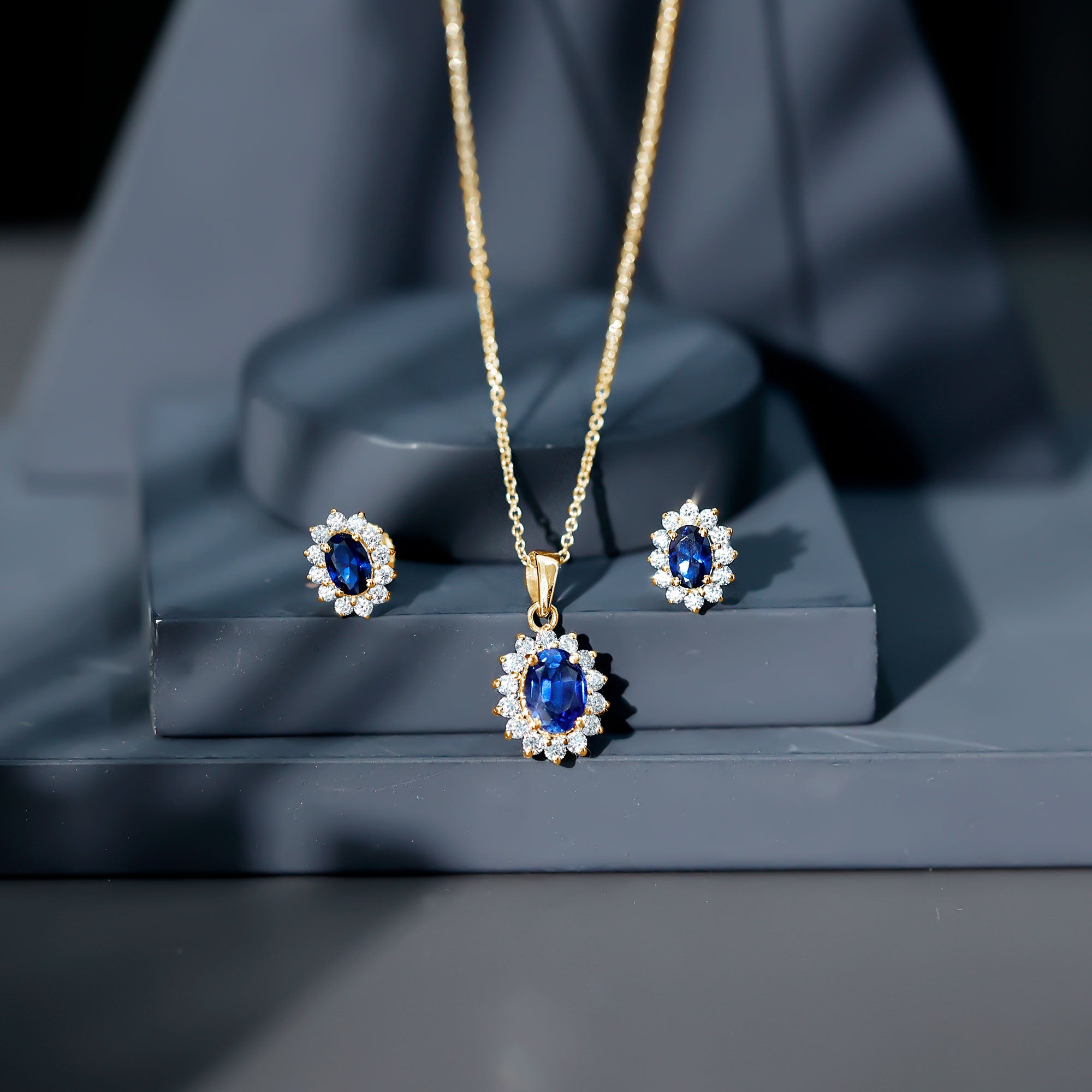Oval Shaped Lab Created Blue Sapphire Necklace and Earrings Set with Moissanite Halo AAAA - Rosec Jewels