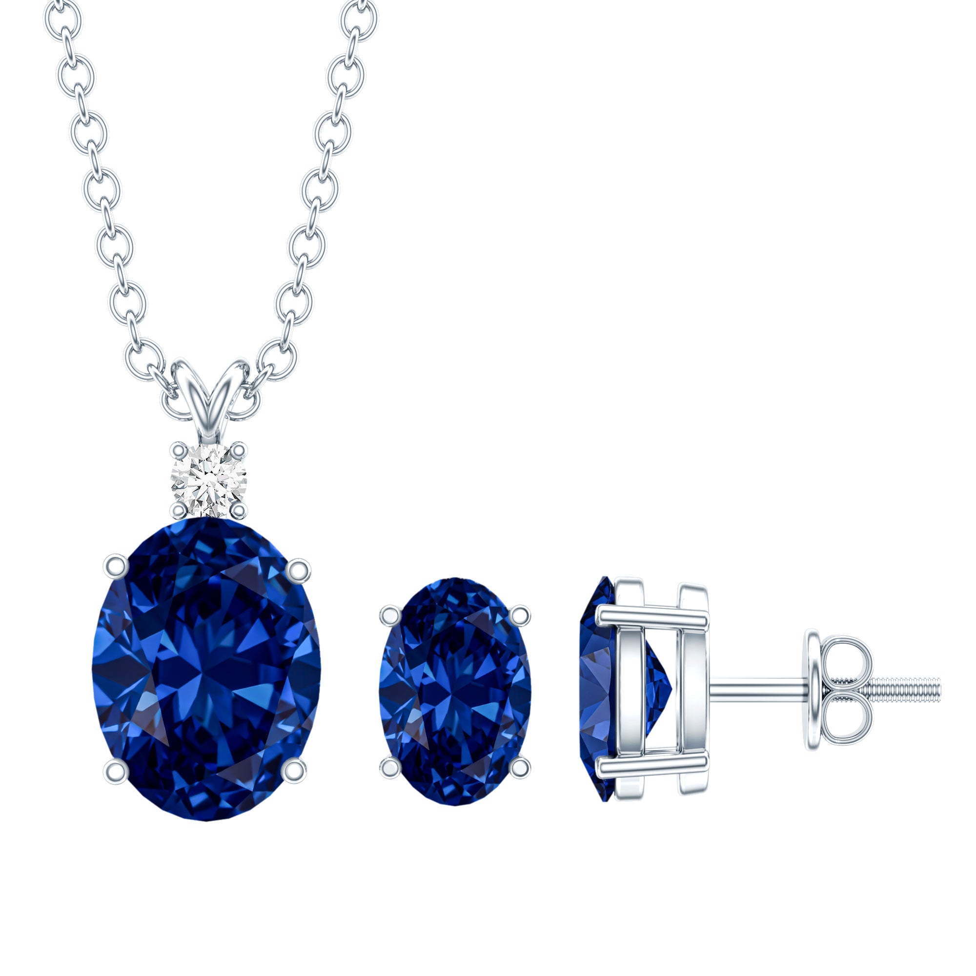 Lab Grown Blue Sapphire Solitaire Jewelry Set with Moissanite AAAA - Rosec Jewels
