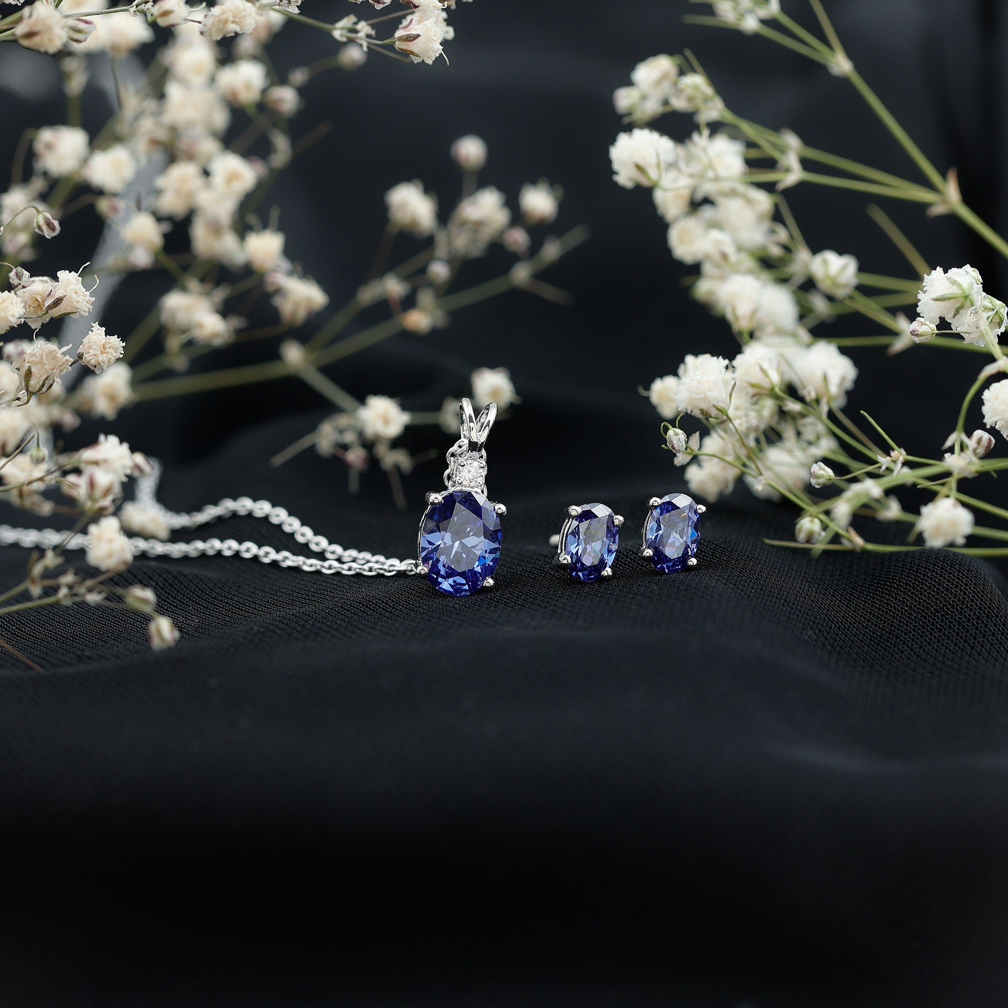 Lab Grown Blue Sapphire Solitaire Jewelry Set with Moissanite AAAA - Rosec Jewels