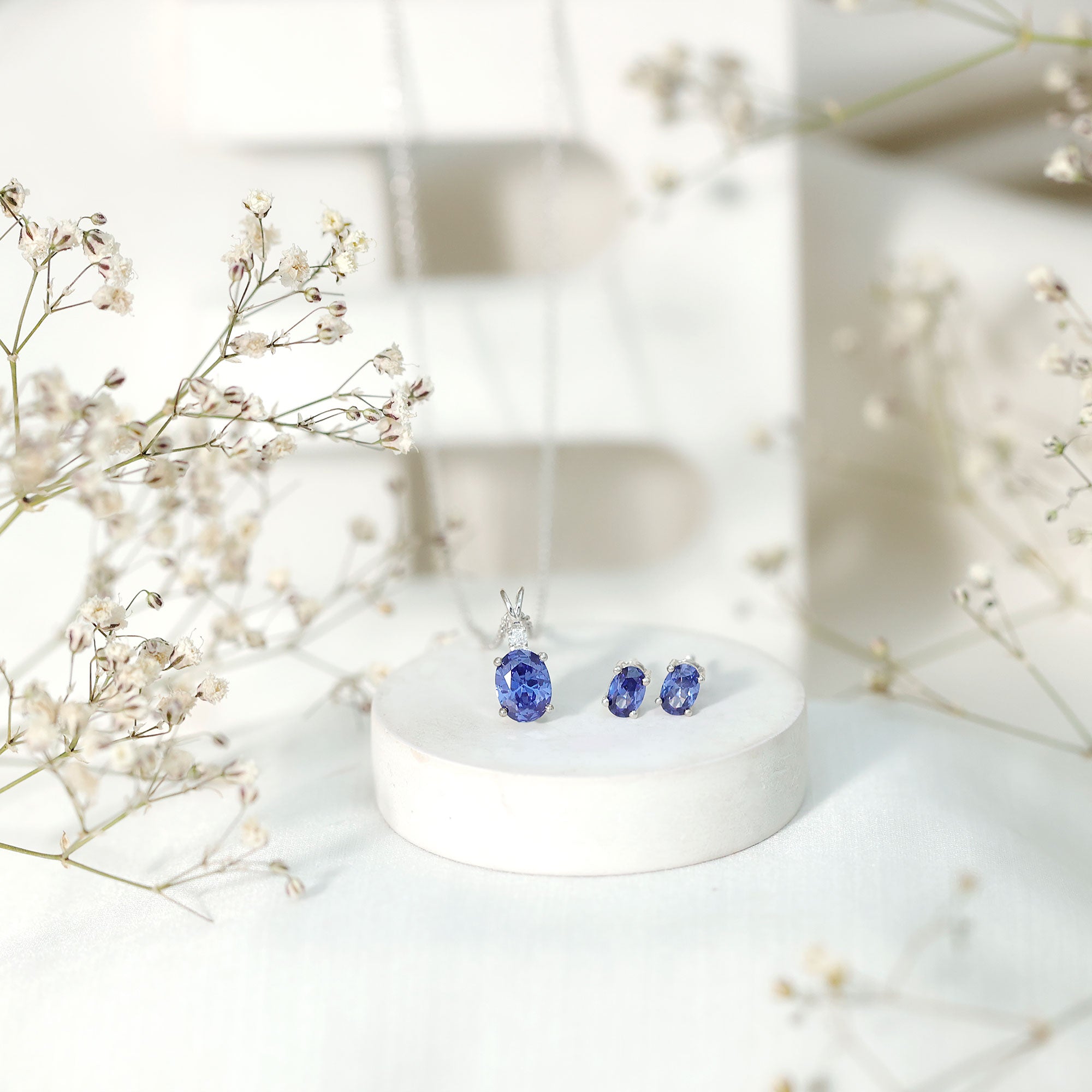Lab Grown Blue Sapphire Solitaire Jewelry Set with Moissanite AAAA - Rosec Jewels