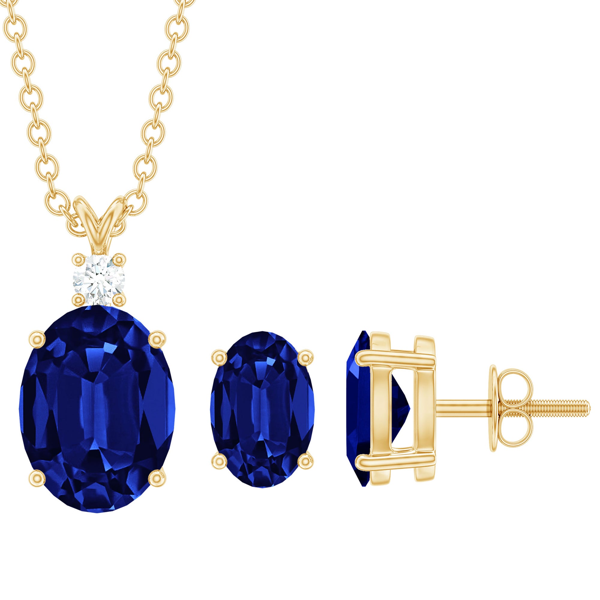 Lab Grown Blue Sapphire Solitaire Jewelry Set with Moissanite AAAA - Rosec Jewels
