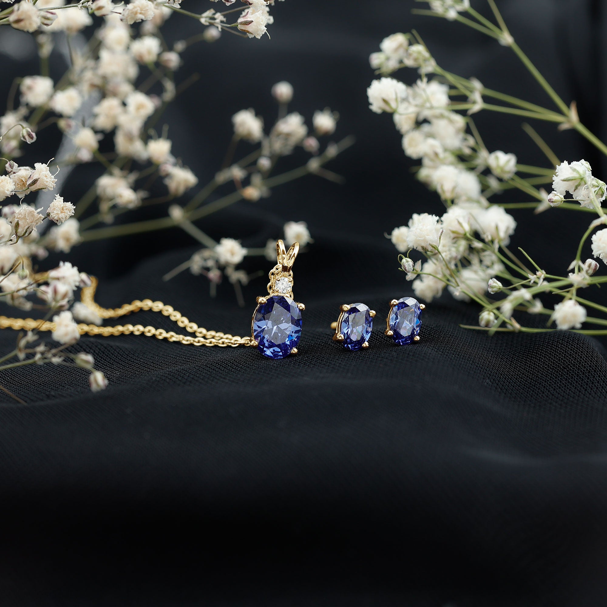 Lab Grown Blue Sapphire Solitaire Jewelry Set with Moissanite AAAA - Rosec Jewels