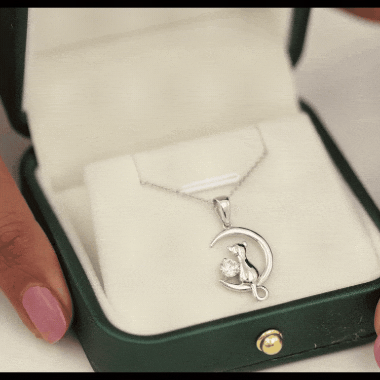 Certified Diamond Cat on Moon Necklace Natural - ( HI-SI ) - Rosec Jewels