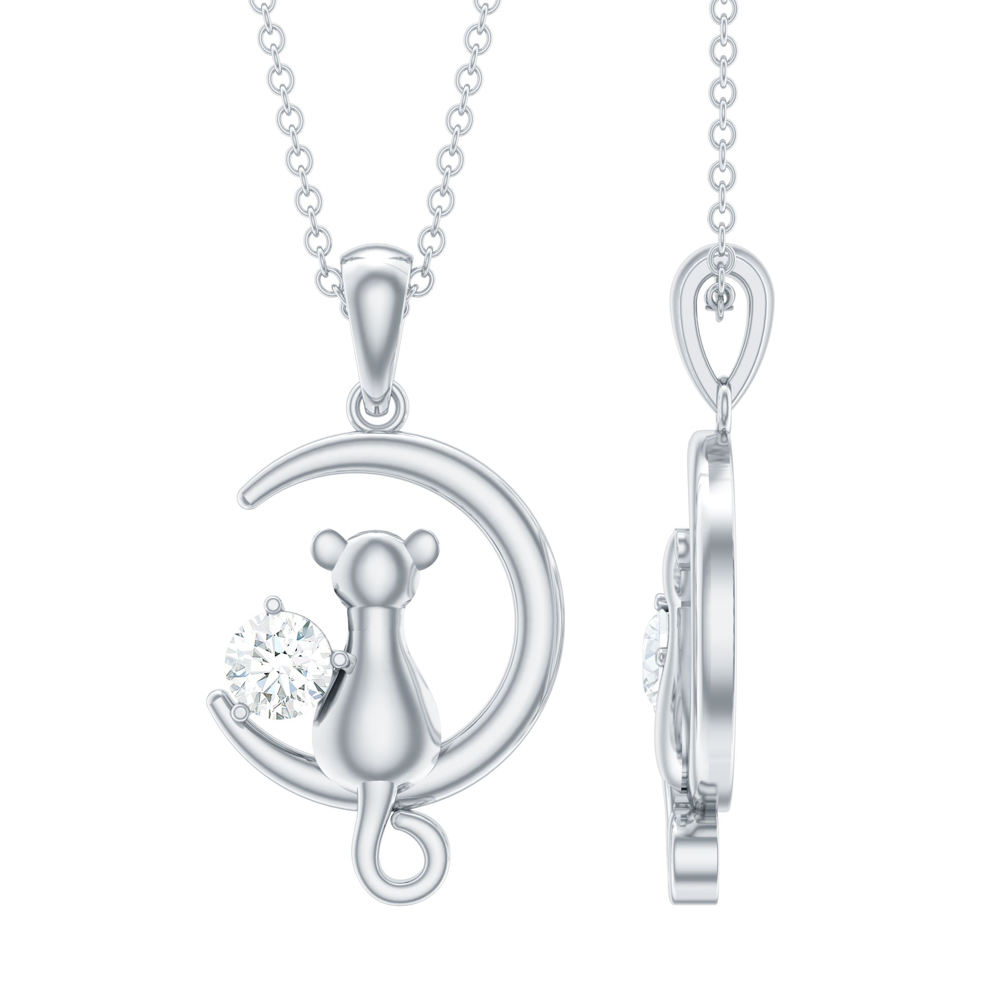 Certified Diamond Cat on Moon Necklace Natural - ( HI-SI ) - Rosec Jewels