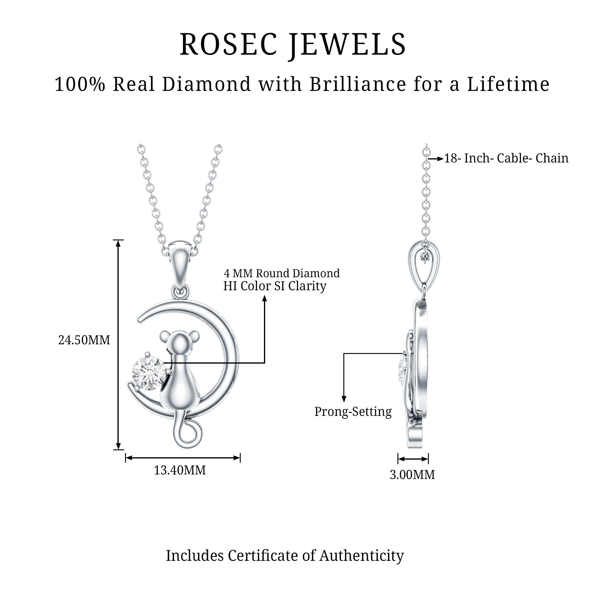 Certified Diamond Cat on Moon Necklace Natural - ( HI-SI ) - Rosec Jewels