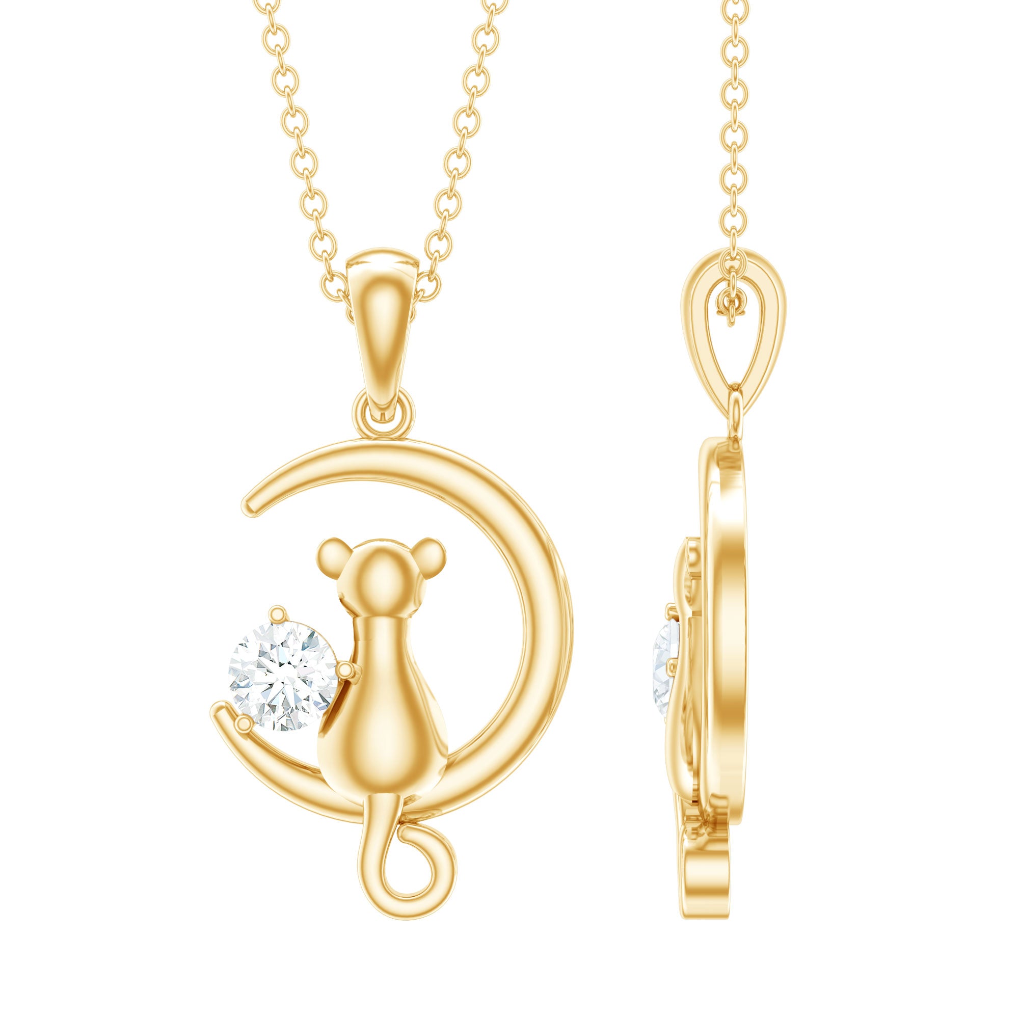 Certified Diamond Cat on Moon Necklace Natural - ( HI-SI ) - Rosec Jewels