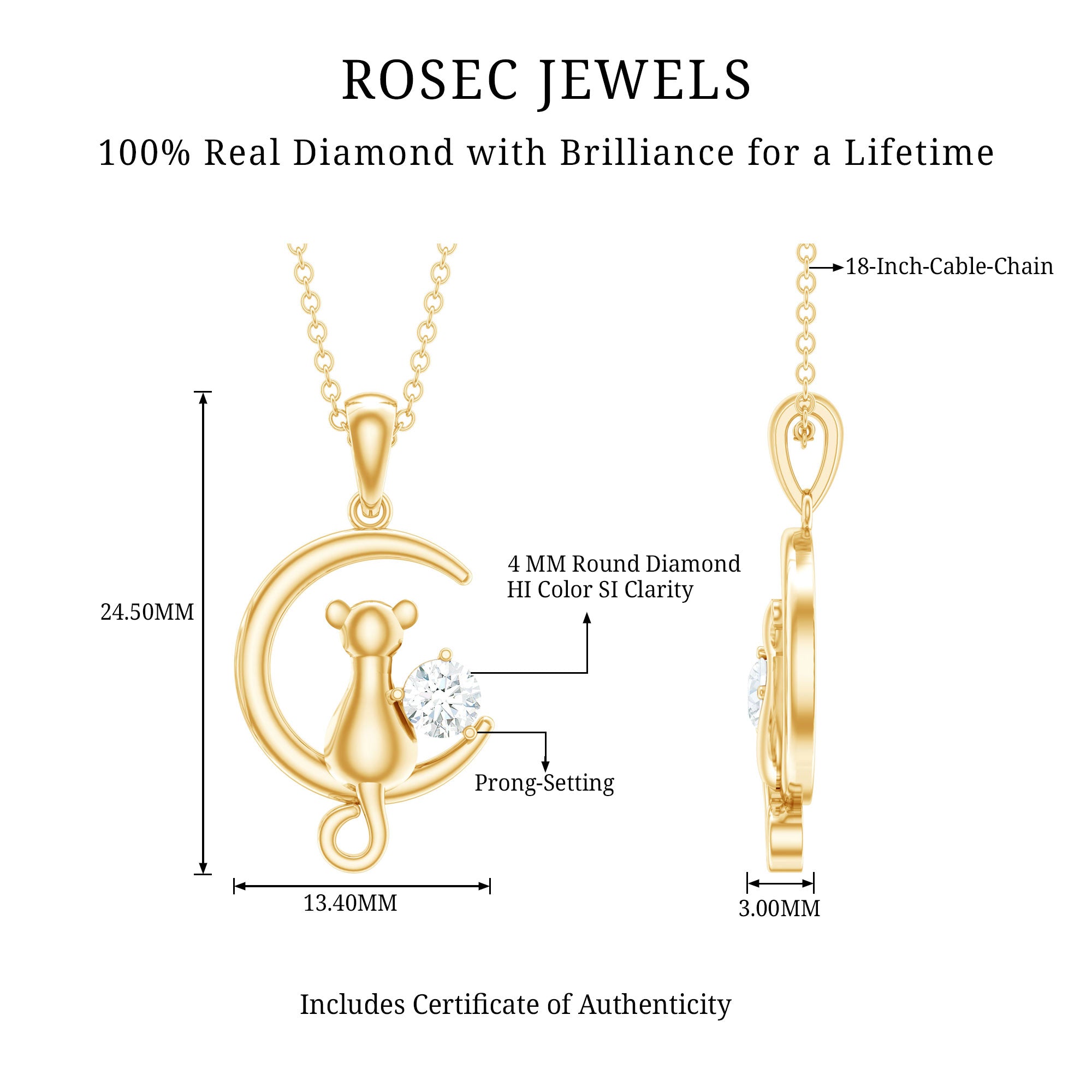 Certified Diamond Cat on Moon Necklace Natural - ( HI-SI ) - Rosec Jewels