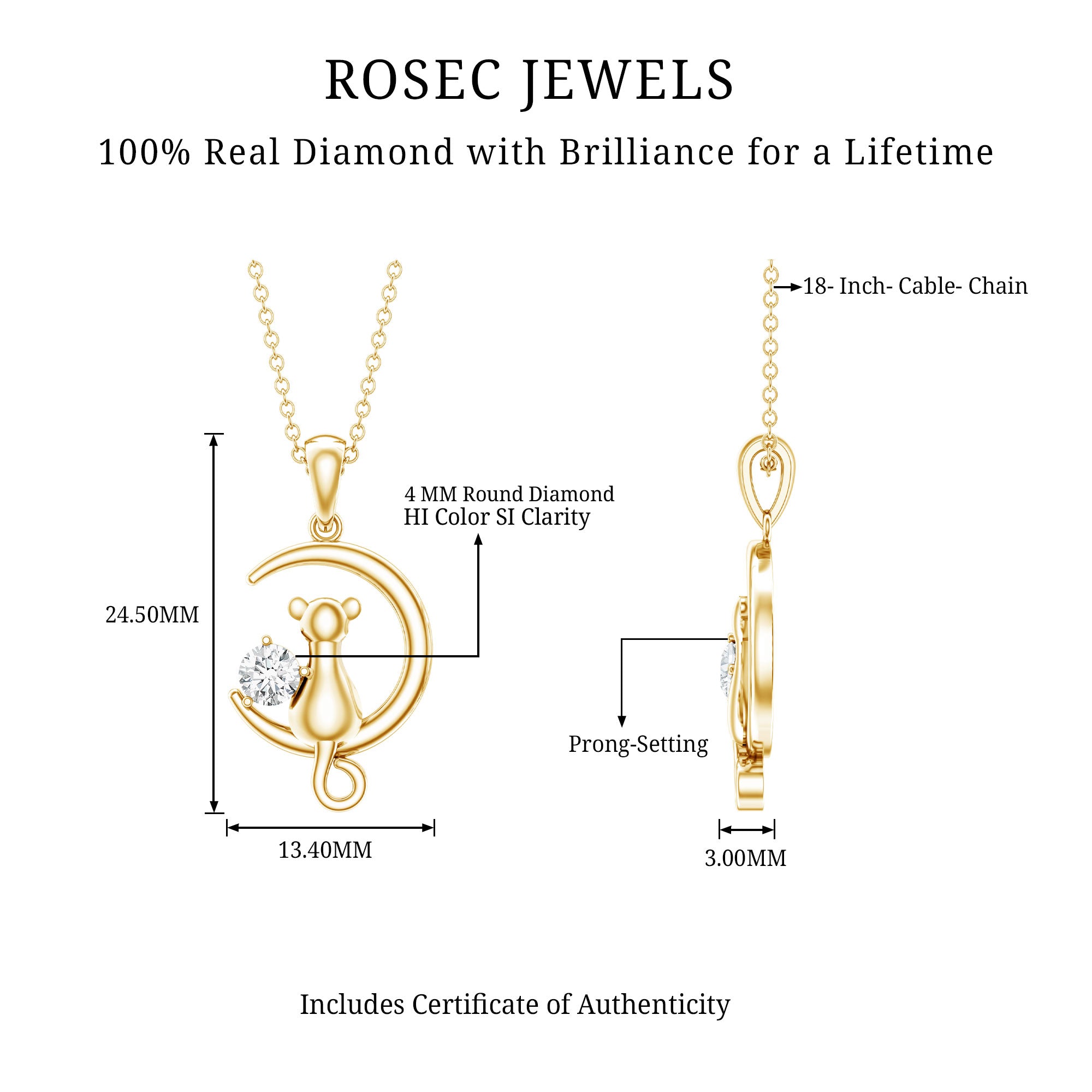 Certified Diamond Cat on Moon Necklace Natural - ( HI-SI ) - Rosec Jewels