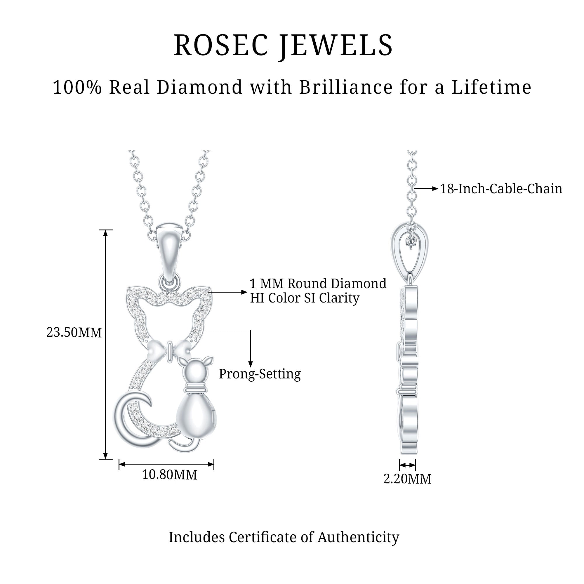 Certified Diamond Kitty Cat Pendant Necklace Natural - ( HI-SI ) - Rosec Jewels