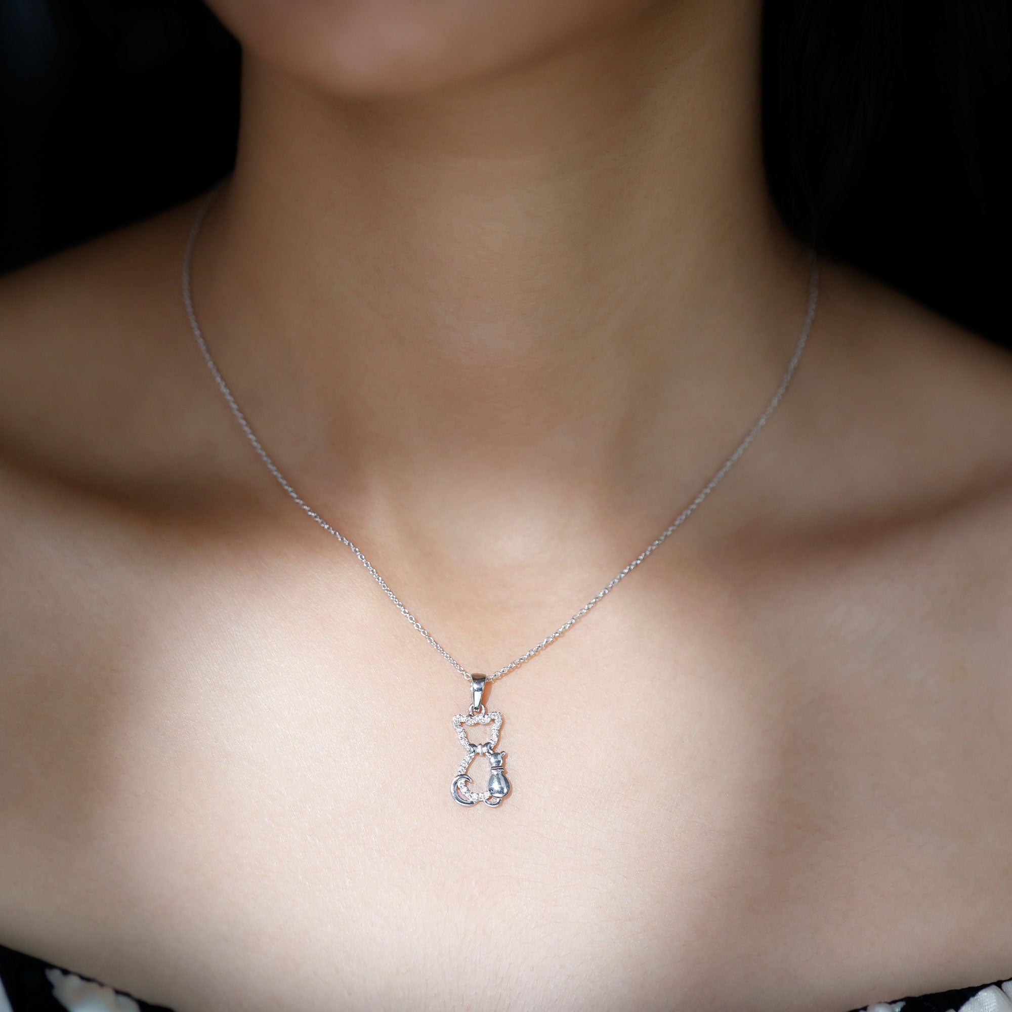 Certified Diamond Kitty Cat Pendant Necklace Natural - ( HI-SI ) - Rosec Jewels