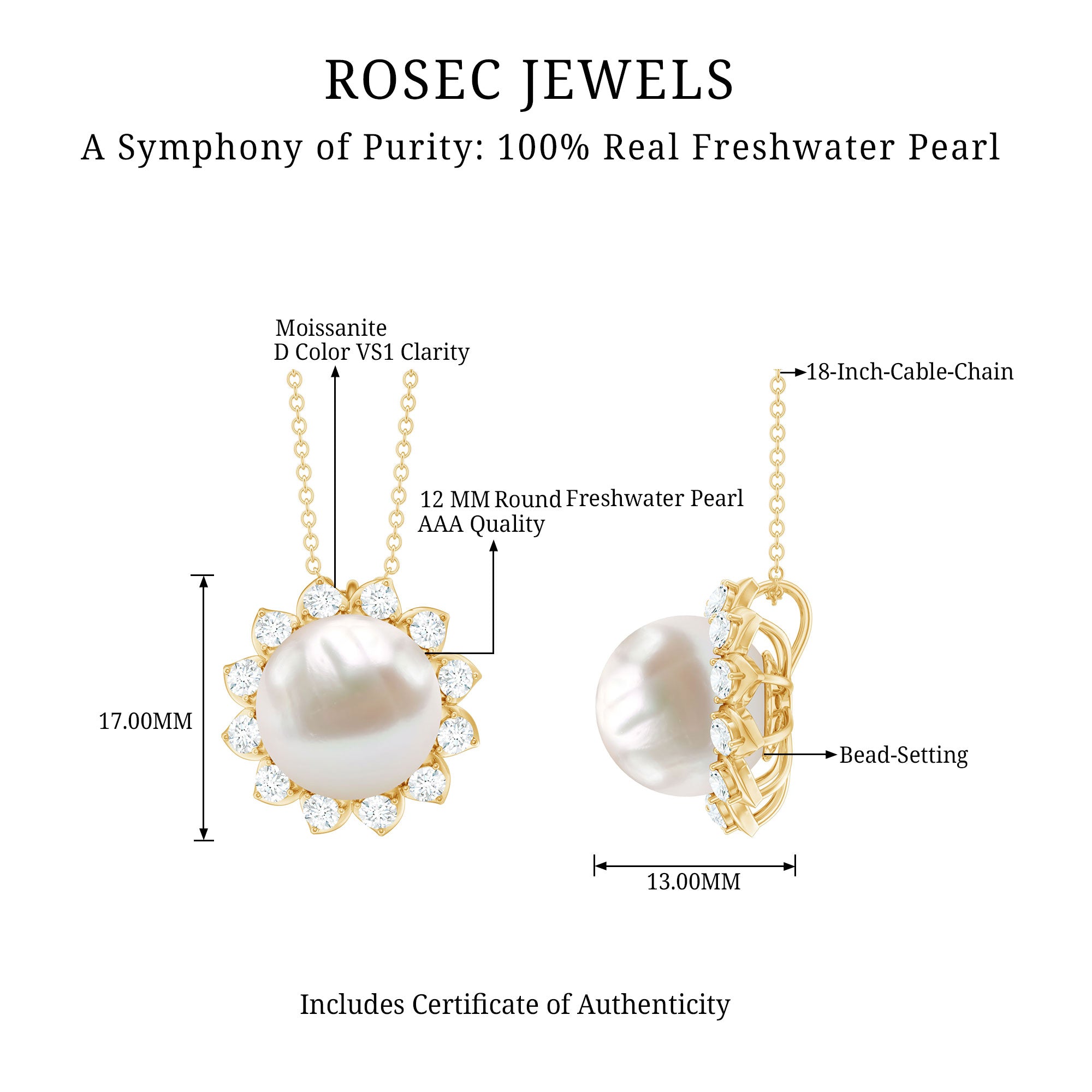 Freshwater Pearl and Moissanite Flower Chain Necklace AAA - Rosec Jewels