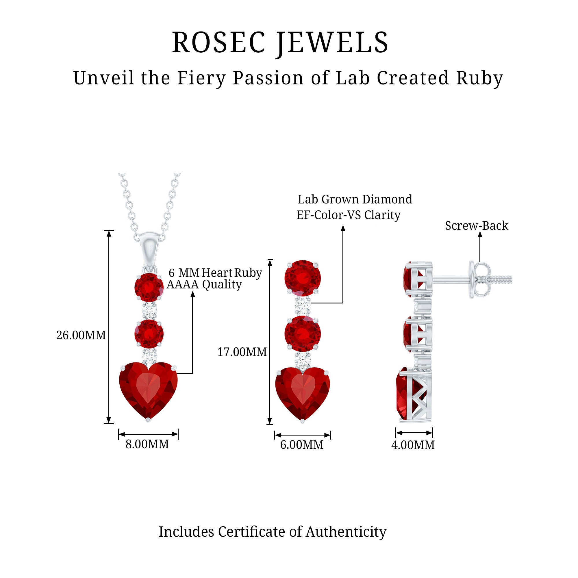 Certified Lab Grown Ruby Heart Necklace and Earrings Set With Diamond AAAA - Rosec Jewels