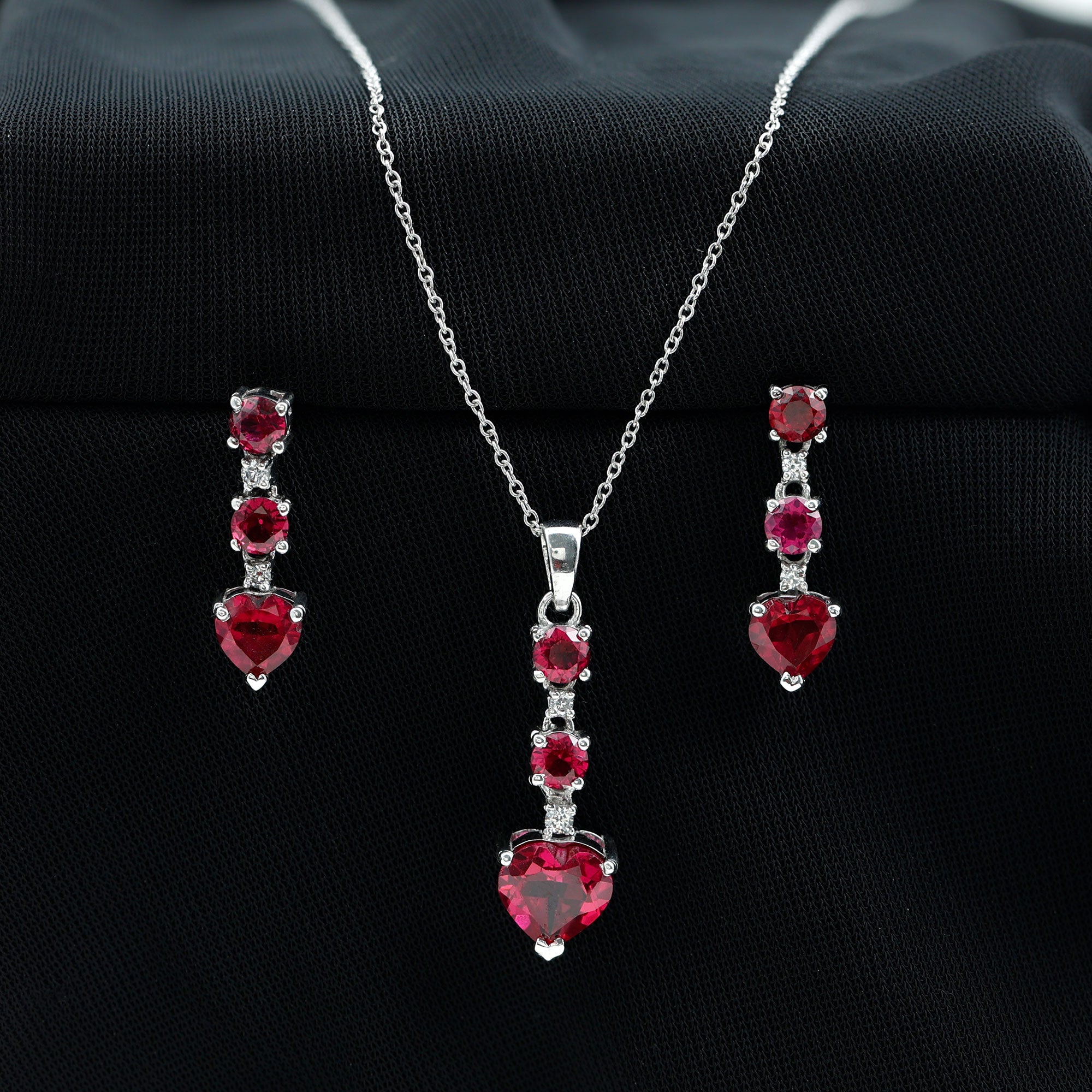 Certified Lab Grown Ruby Heart Necklace and Earrings Set With Diamond AAAA - Rosec Jewels