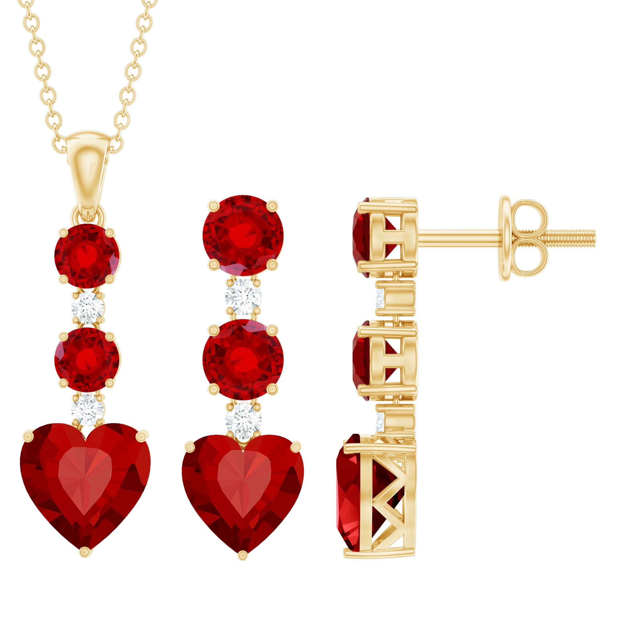 Certified Lab Grown Ruby Heart Necklace and Earrings Set With Diamond AAAA - Rosec Jewels
