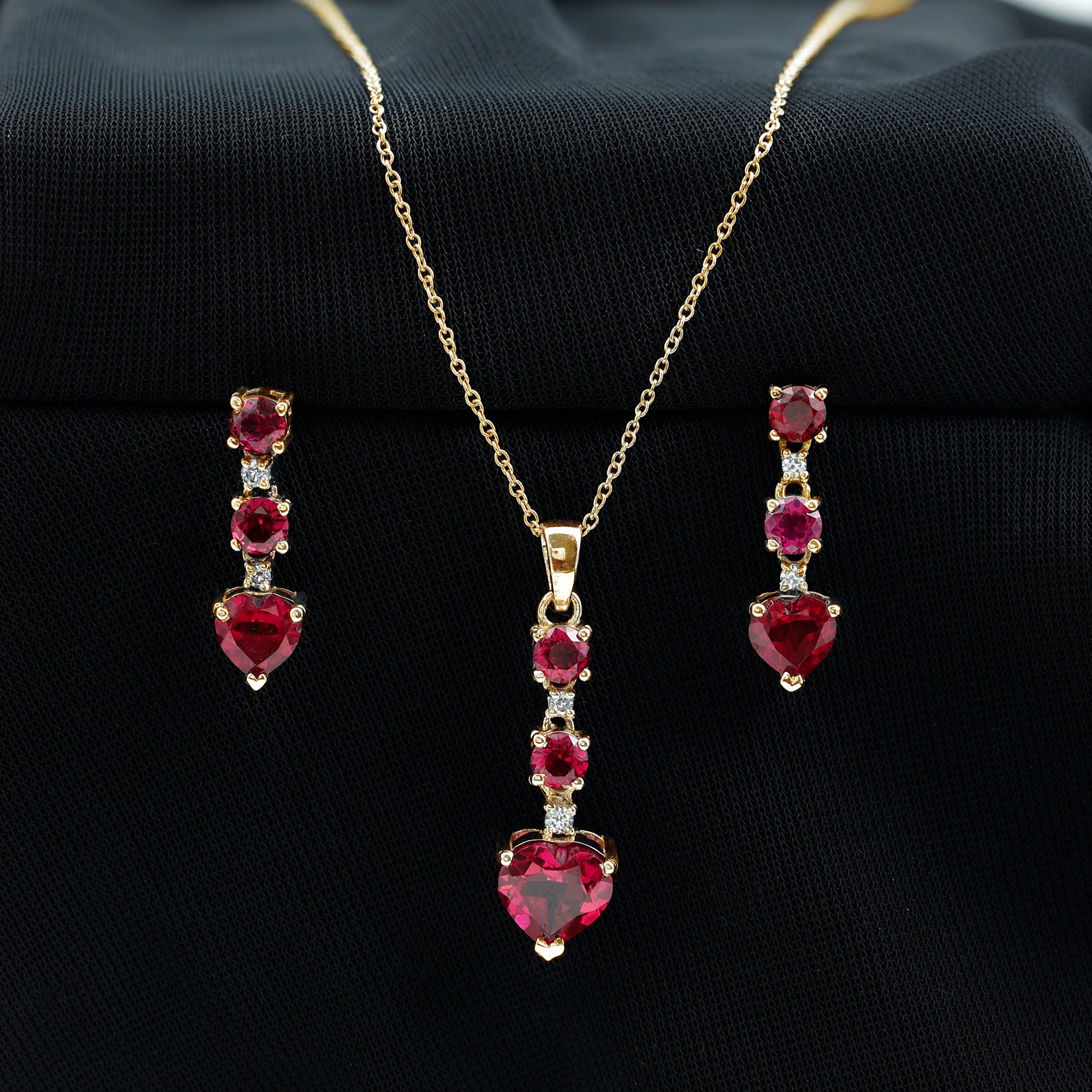 Certified Lab Grown Ruby Heart Necklace and Earrings Set With Diamond AAAA - Rosec Jewels