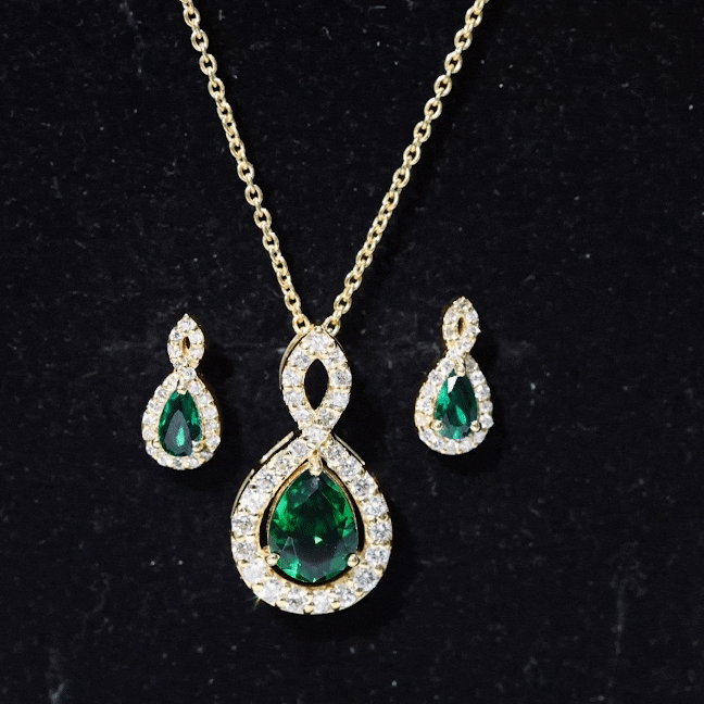 Pear Shaped Lab Created Emerald and Diamond Infinity Jewelry Set AAAA - Rosec Jewels