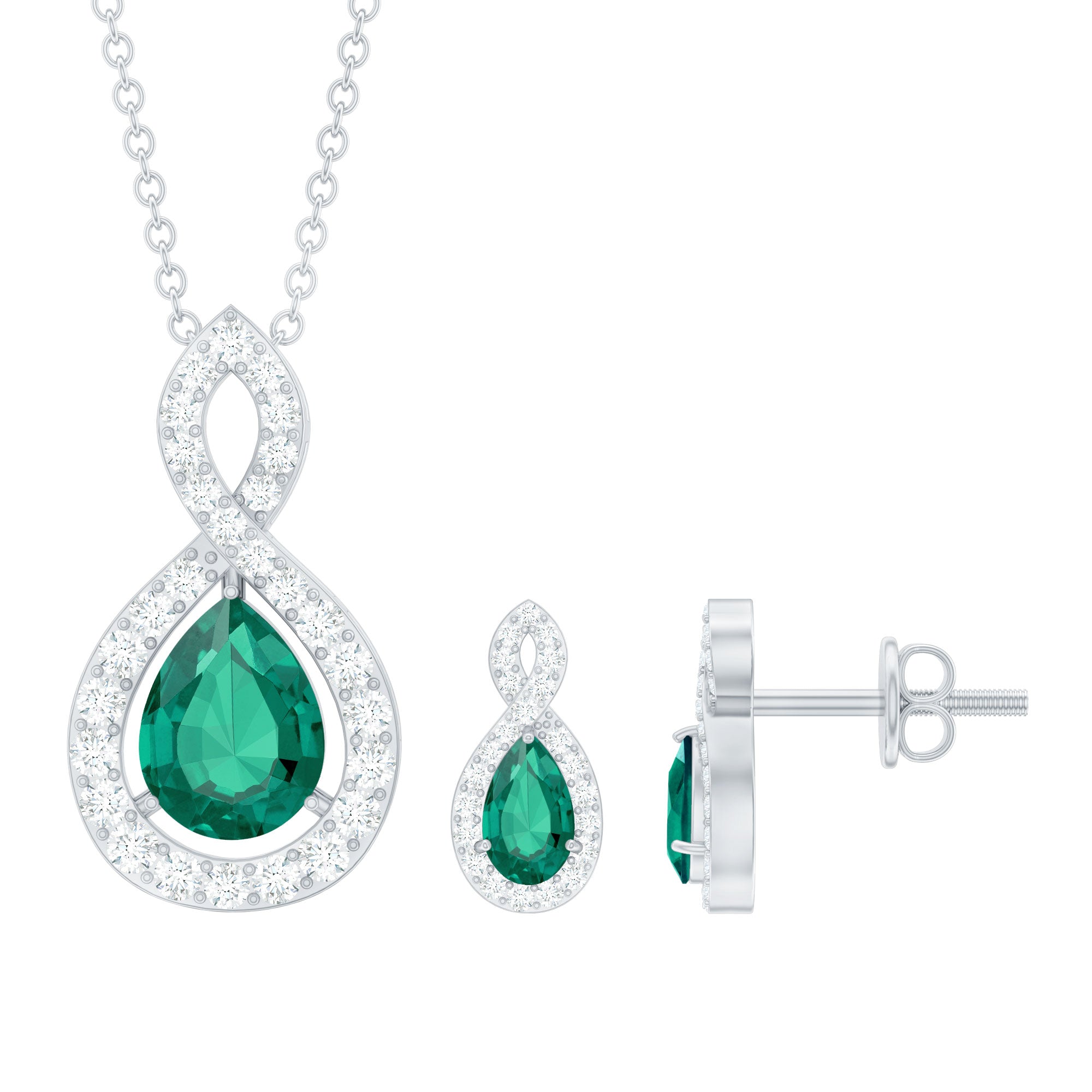 Pear Shaped Lab Created Emerald and Diamond Infinity Jewelry Set AAAA - Rosec Jewels