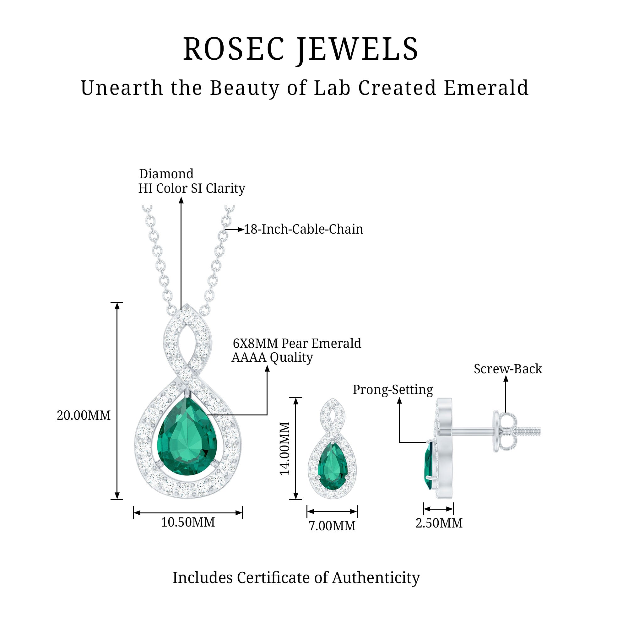 Pear Shaped Lab Created Emerald and Diamond Infinity Jewelry Set AAAA - Rosec Jewels