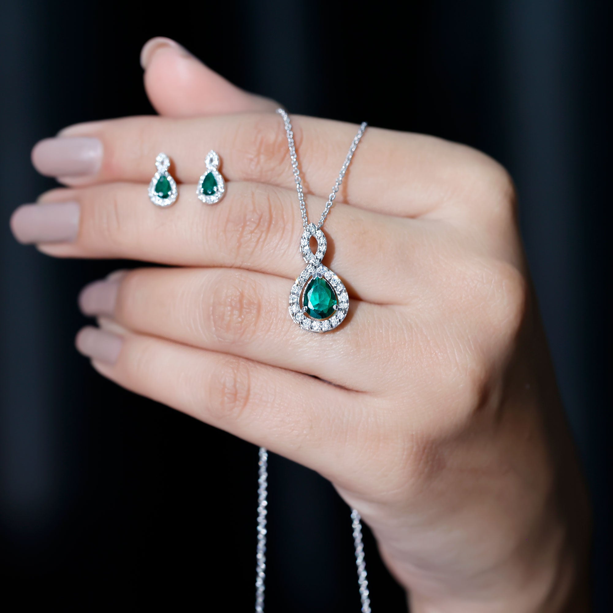 Pear Shaped Lab Created Emerald and Diamond Infinity Jewelry Set AAAA - Rosec Jewels
