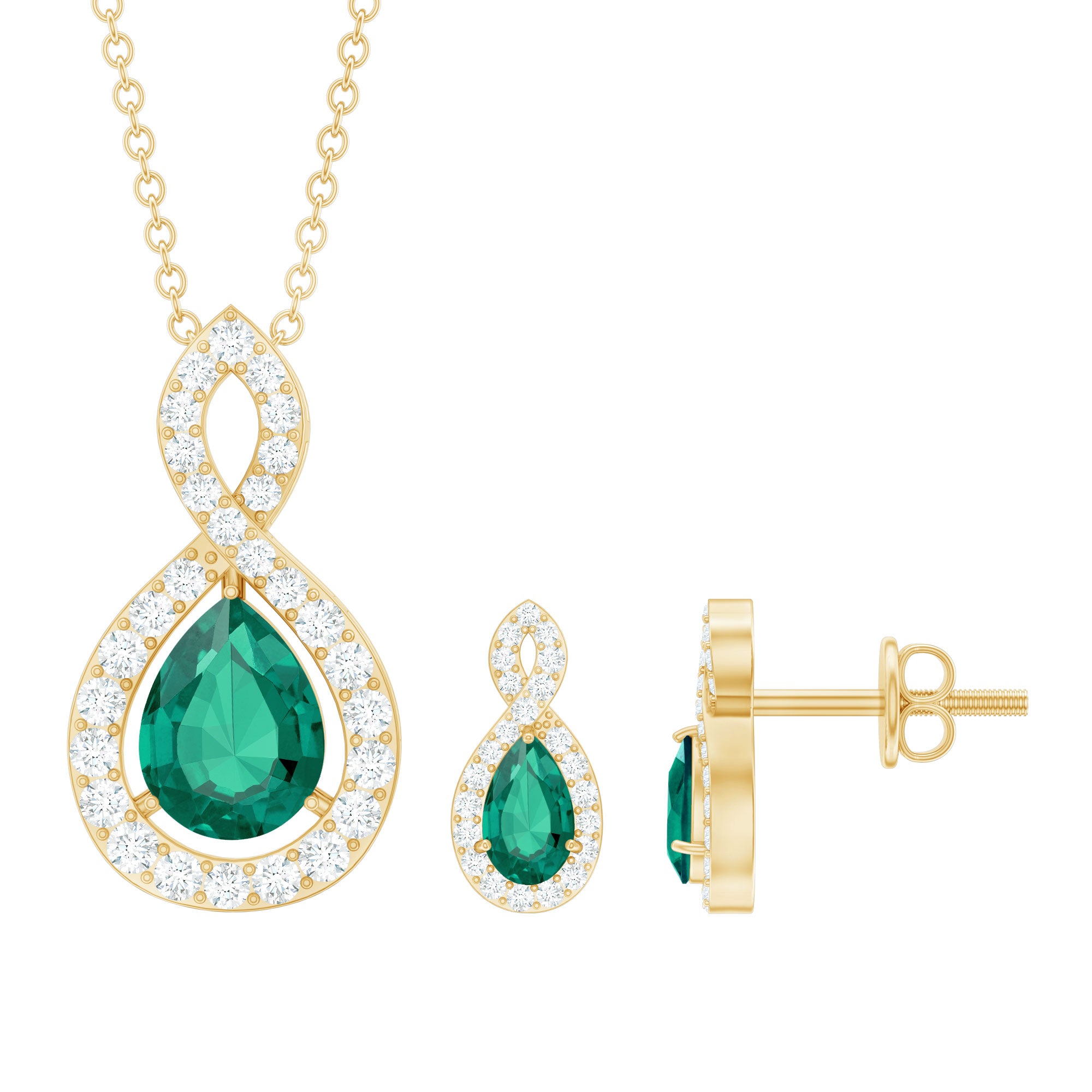 Pear Shaped Lab Created Emerald and Diamond Infinity Jewelry Set AAAA - Rosec Jewels