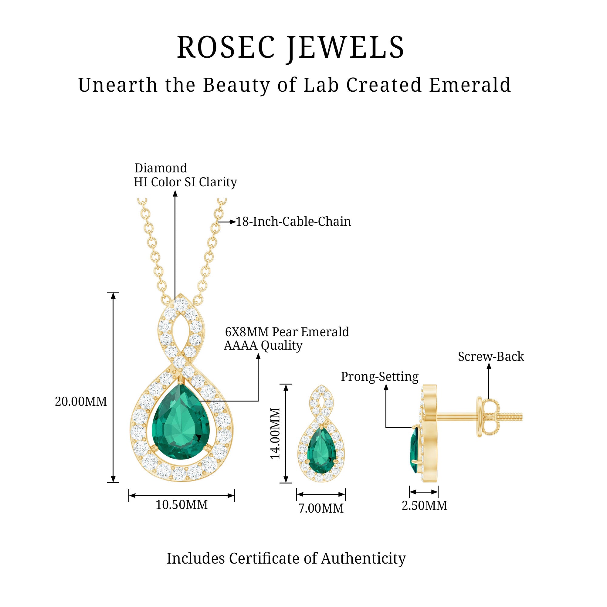 Pear Shaped Lab Created Emerald and Diamond Infinity Jewelry Set AAAA - Rosec Jewels