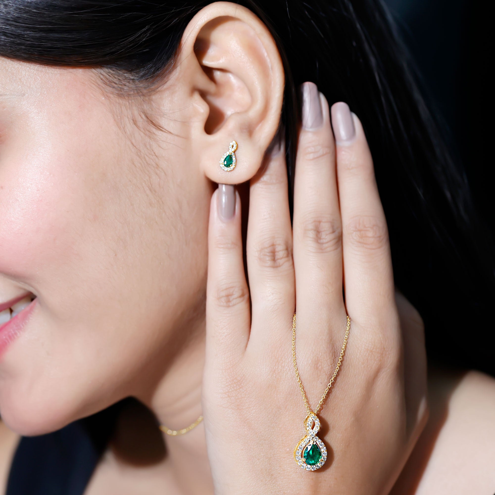 Pear Shaped Lab Created Emerald and Diamond Infinity Jewelry Set AAAA - Rosec Jewels