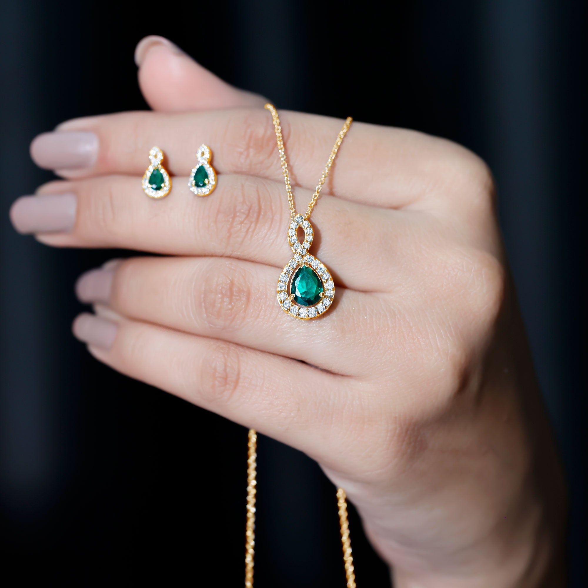 Pear Shaped Lab Created Emerald and Diamond Infinity Jewelry Set AAAA - Rosec Jewels