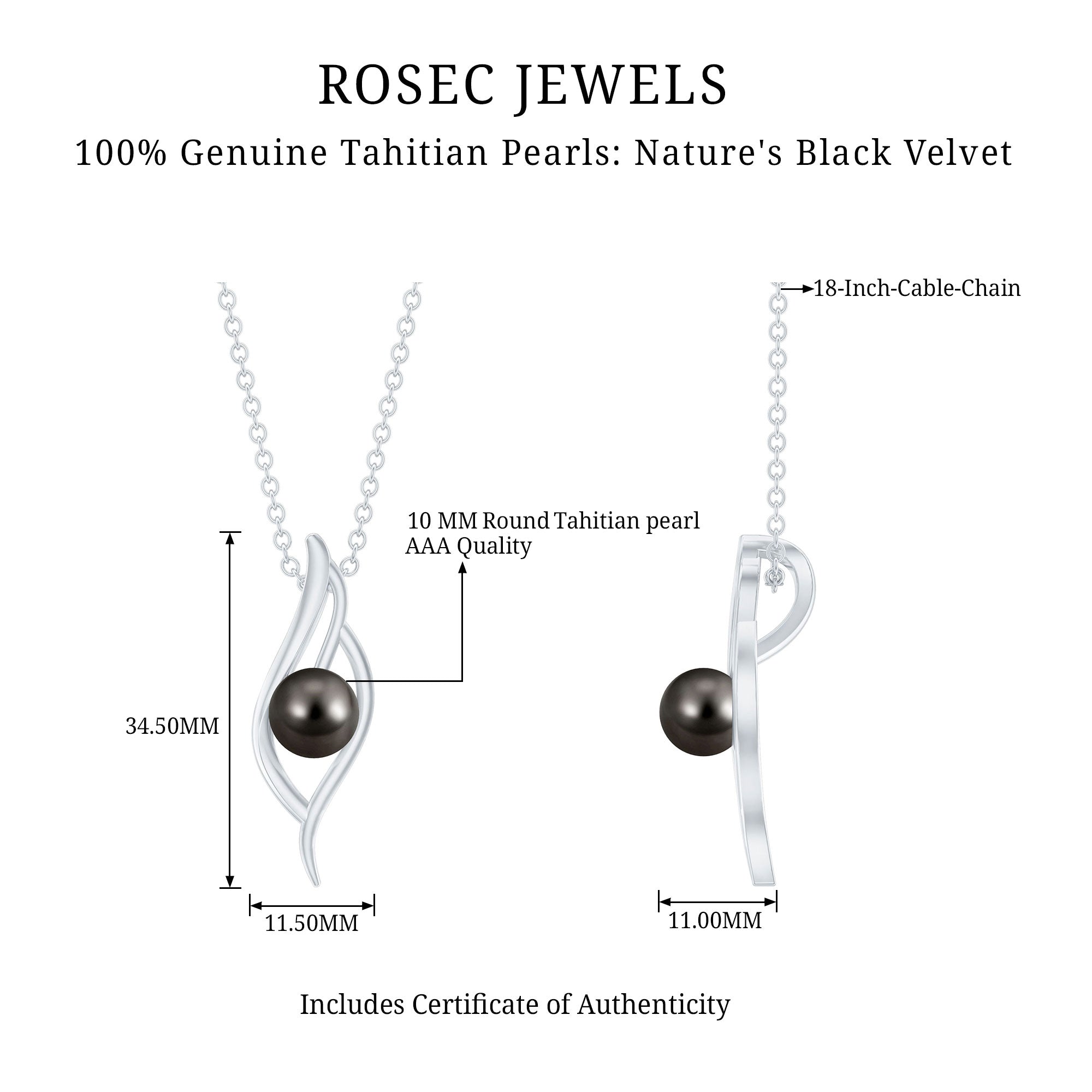 7.5 Carat Solitaire Black Pearl Leaf Pendant Necklace AAA - Rosec Jewels