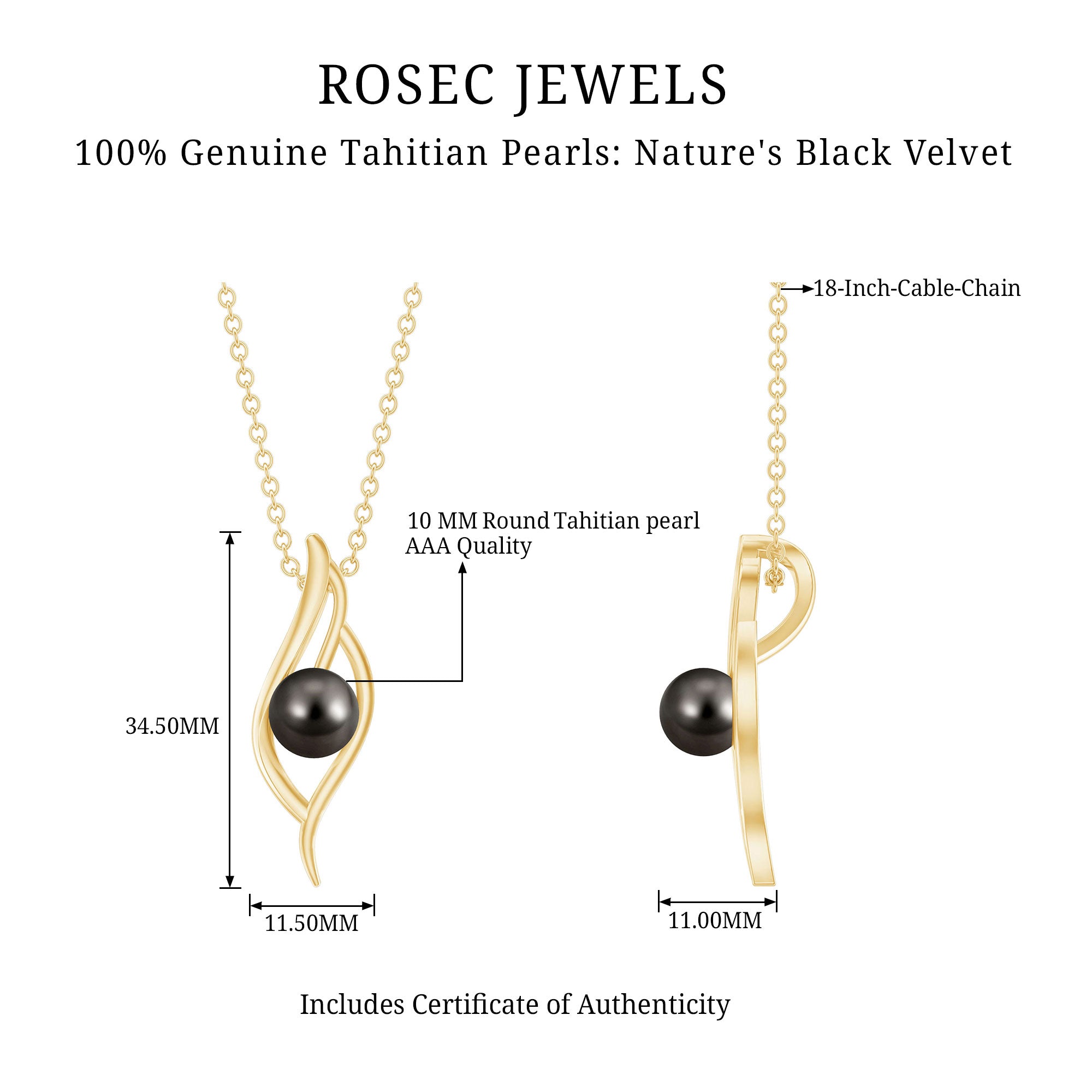 7.5 Carat Solitaire Black Pearl Leaf Pendant Necklace AAA - Rosec Jewels