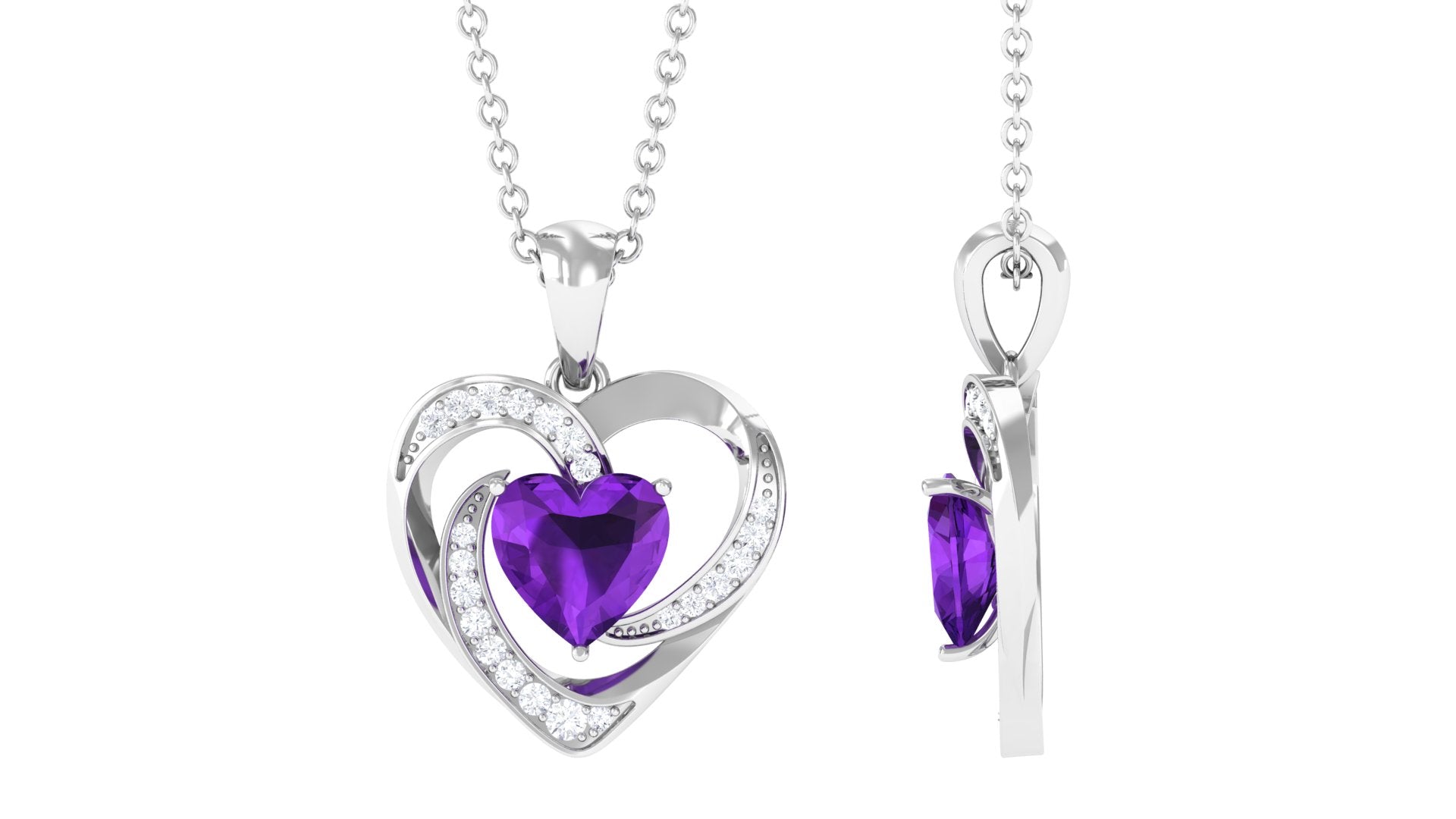 Natural 1 Carat Amethyst Heart Pendant Necklace with Diamond AAA - Rosec Jewels