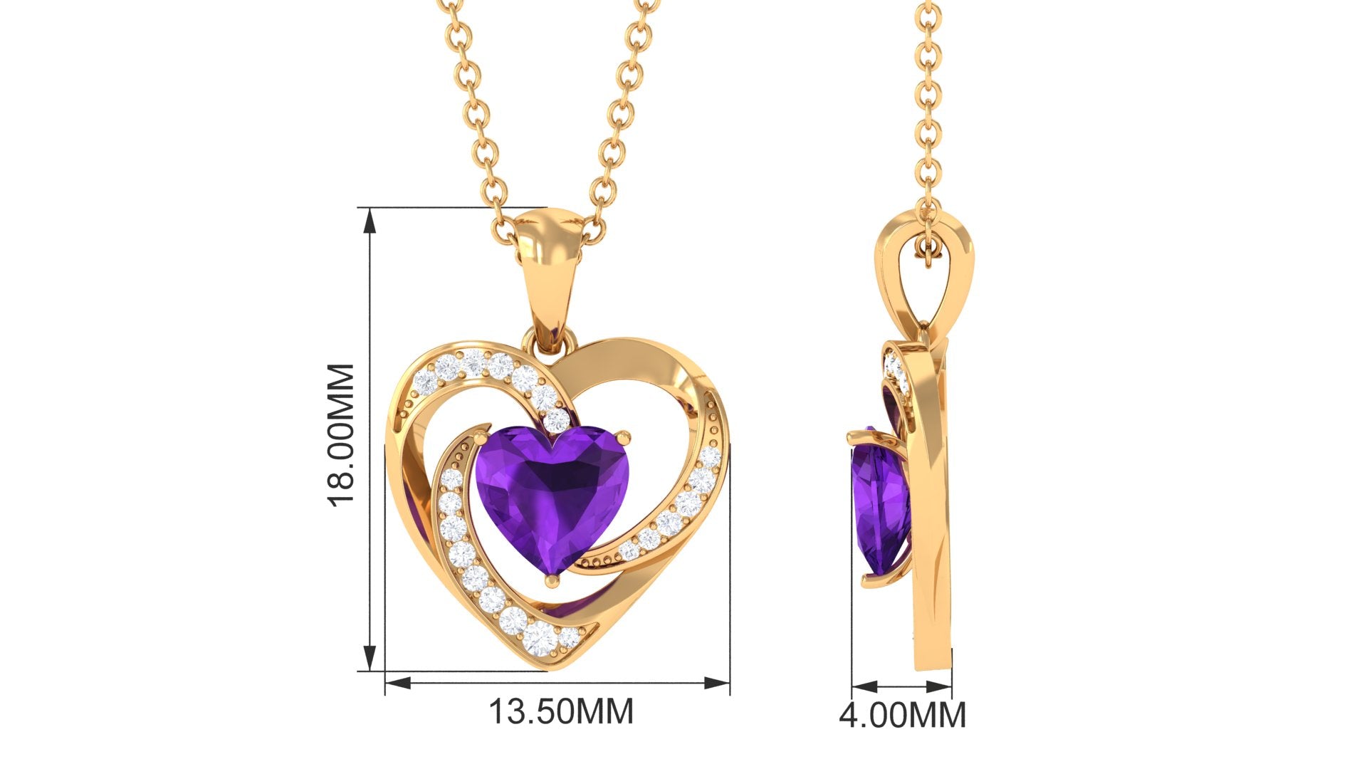 Natural 1 Carat Amethyst Heart Pendant Necklace with Diamond AAA - Rosec Jewels