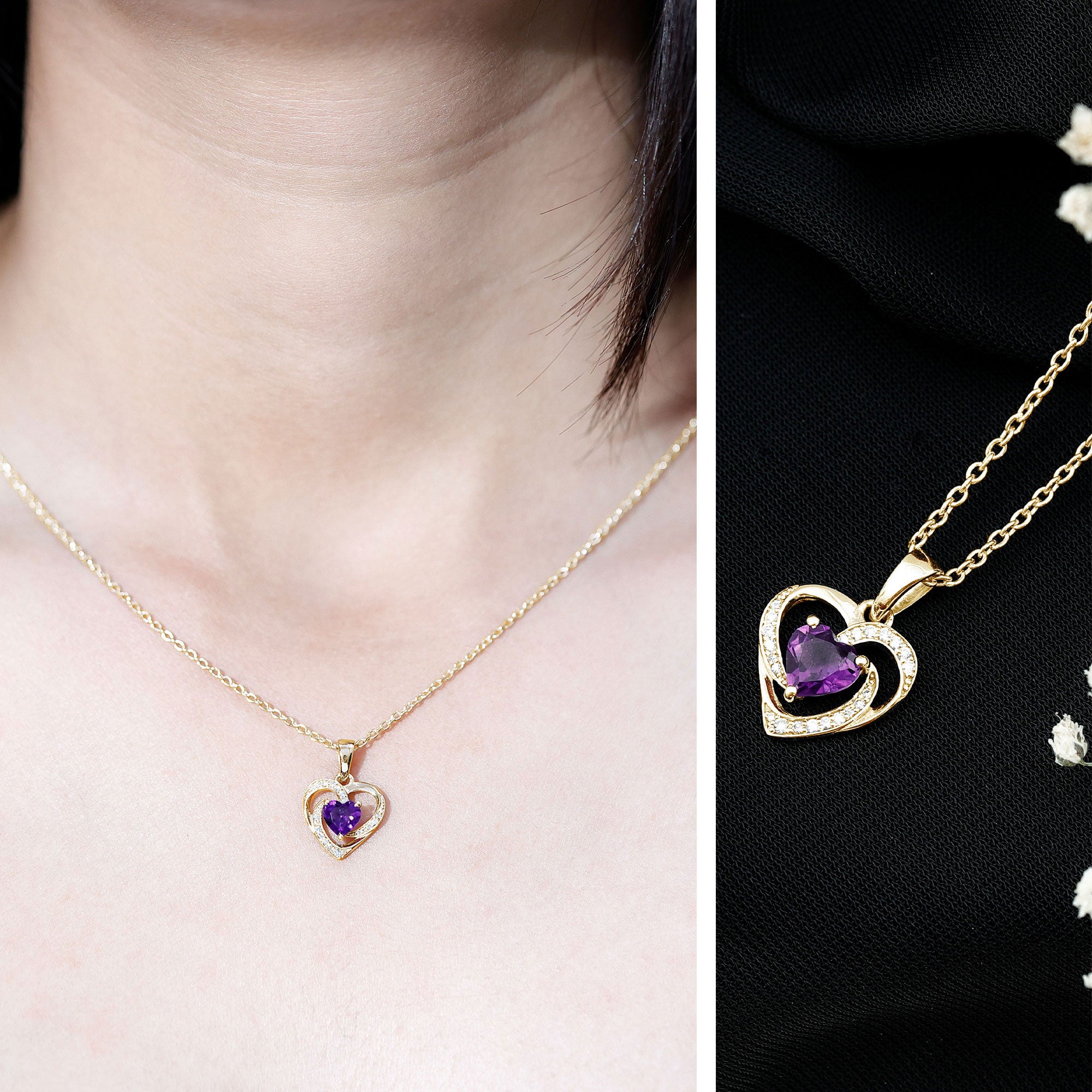 Natural 1 Carat Amethyst Heart Pendant Necklace with Diamond AAA - Rosec Jewels